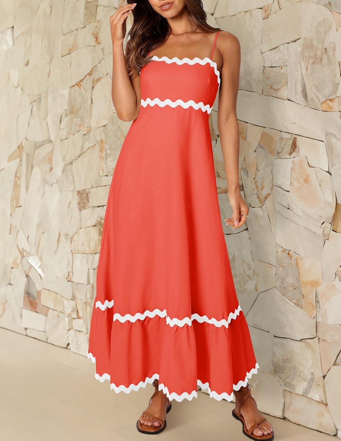 imageZESICA Womens 2026 Summer Spaghetti Straps Sleeveless Backless Sundress Flowy Smocked Lace Swing A Line Midi DressWatermelon Red