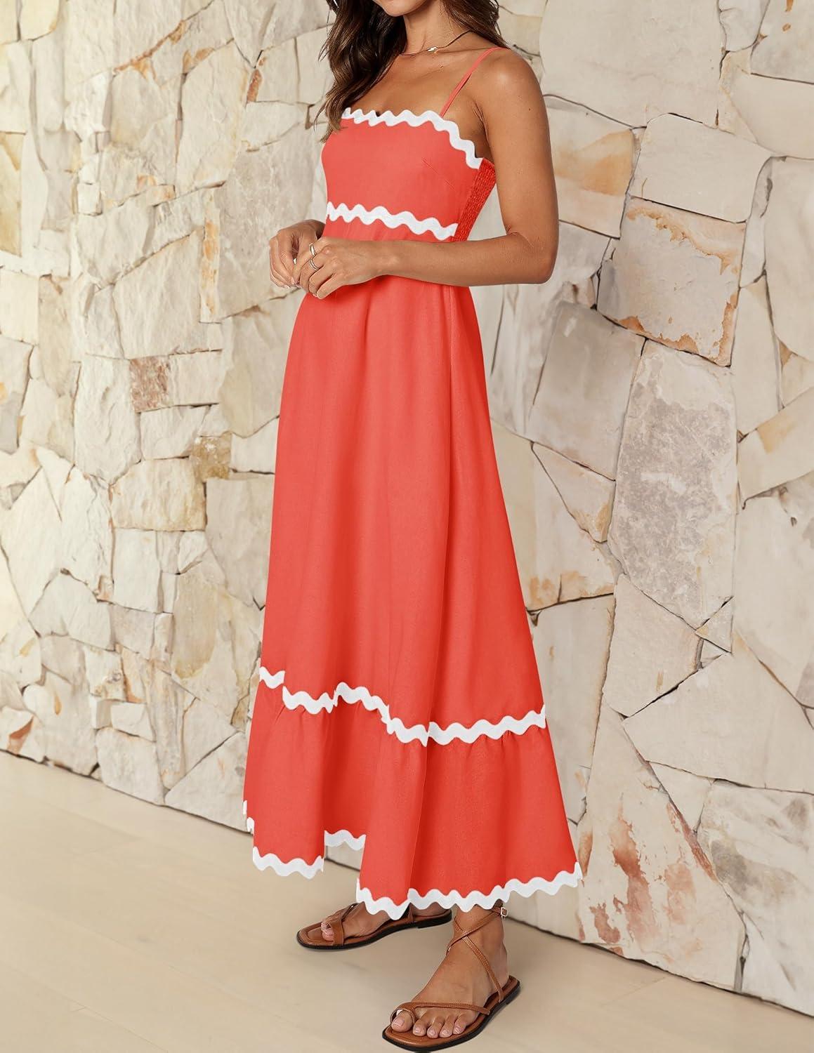 imageZESICA Womens 2026 Summer Spaghetti Straps Sleeveless Backless Sundress Flowy Smocked Lace Swing A Line Midi DressWatermelon Red