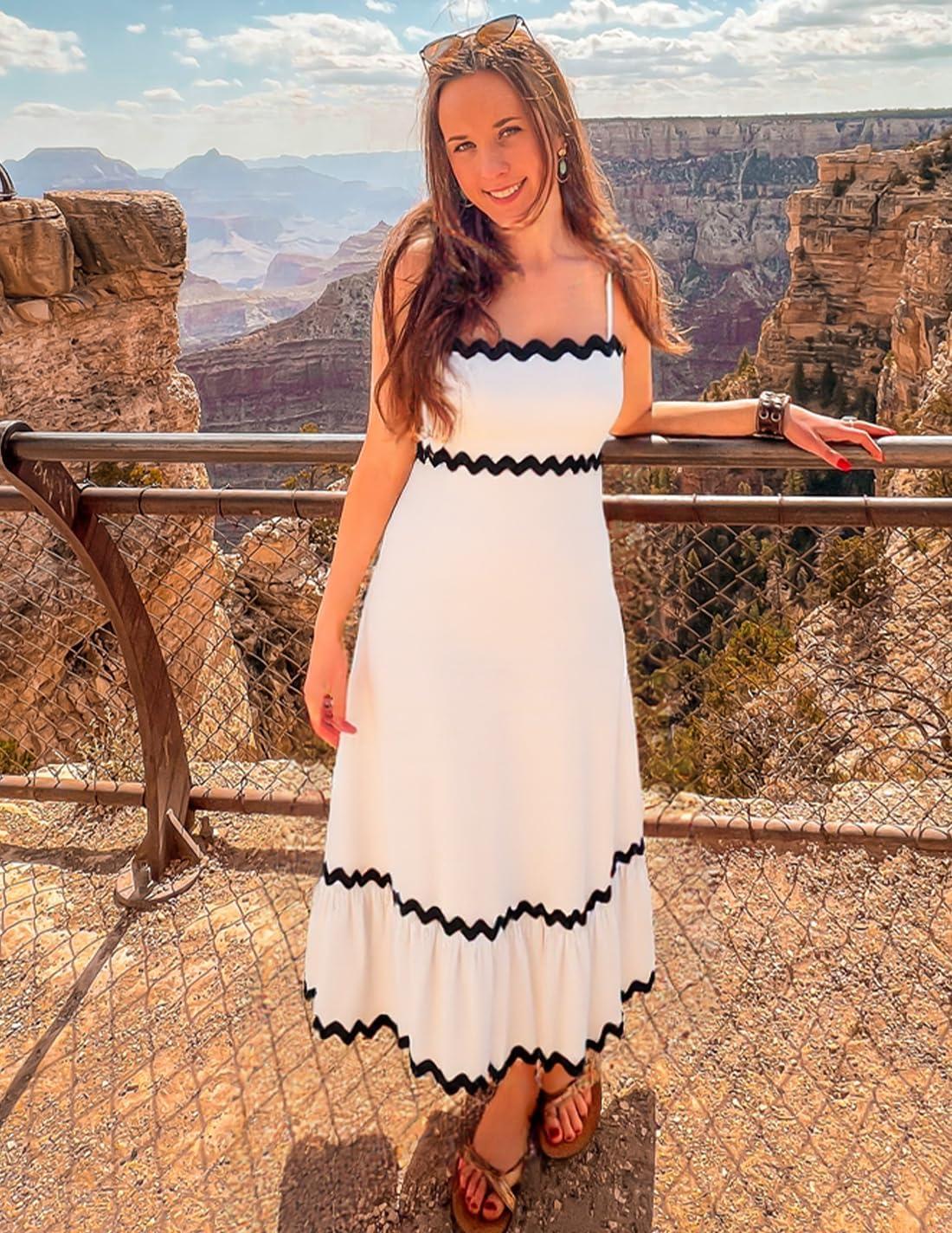 imageZESICA Womens 2026 Summer Spaghetti Straps Sleeveless Backless Sundress Flowy Smocked Lace Swing A Line Midi DressWhite