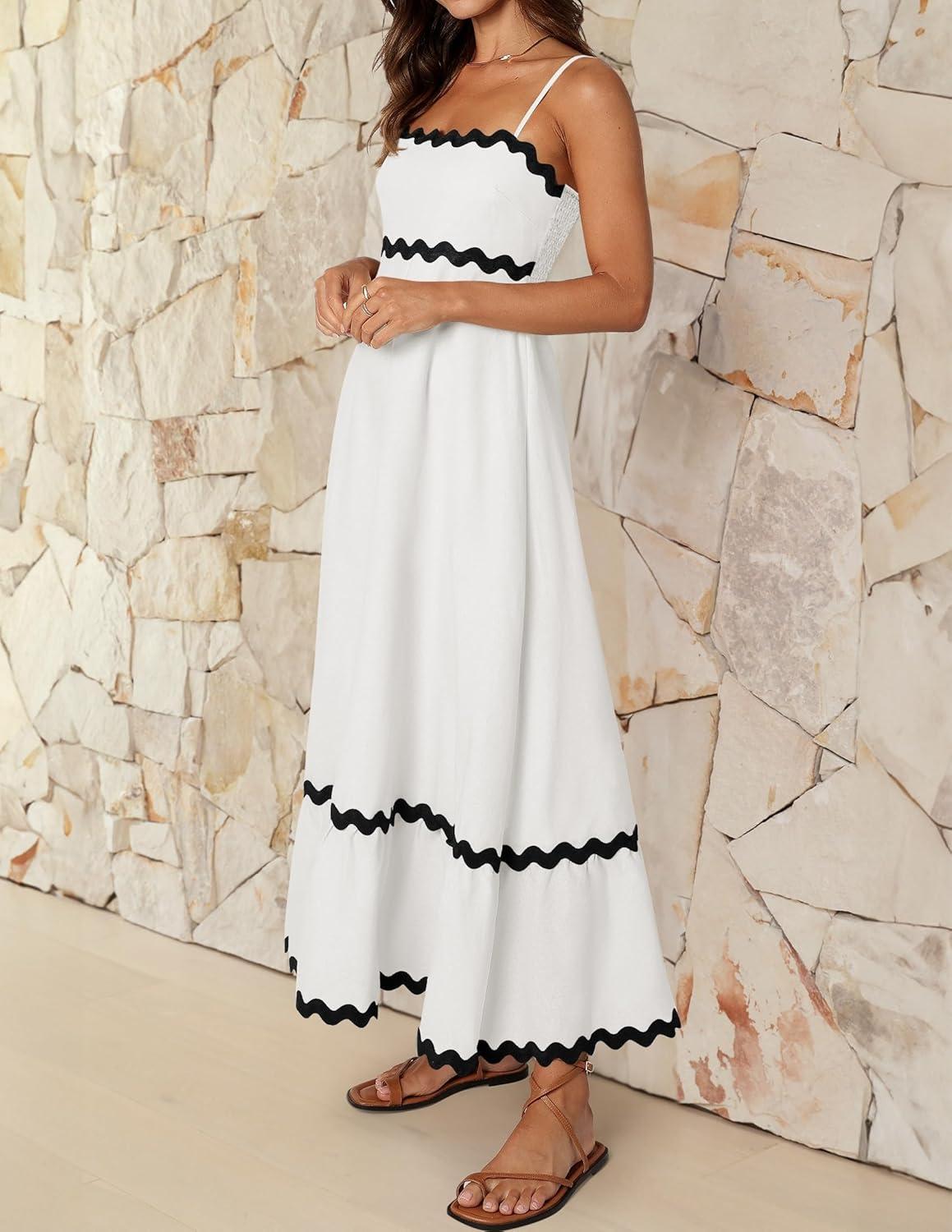 imageZESICA Womens 2026 Summer Spaghetti Straps Sleeveless Backless Sundress Flowy Smocked Lace Swing A Line Midi DressWhite