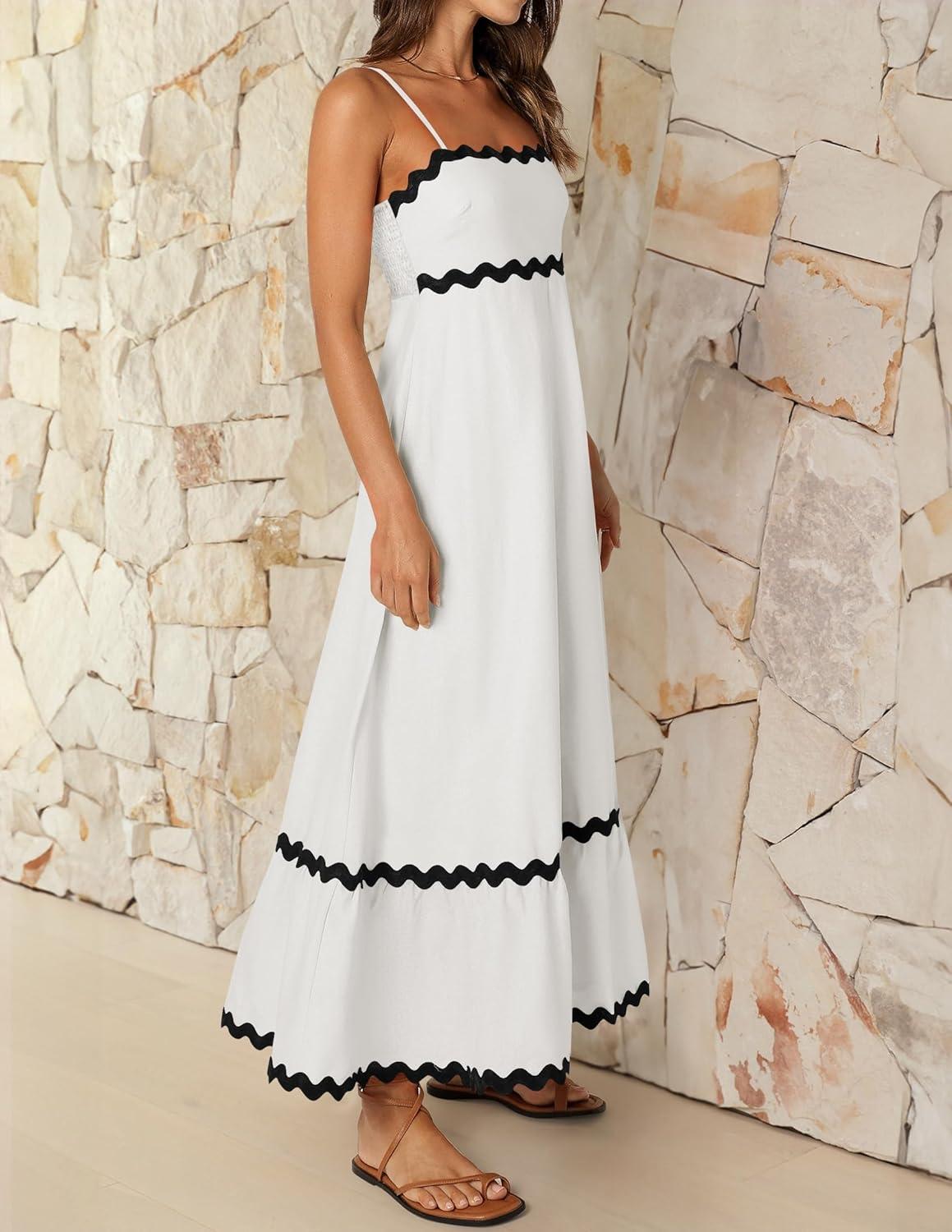 imageZESICA Womens 2026 Summer Spaghetti Straps Sleeveless Backless Sundress Flowy Smocked Lace Swing A Line Midi DressWhite
