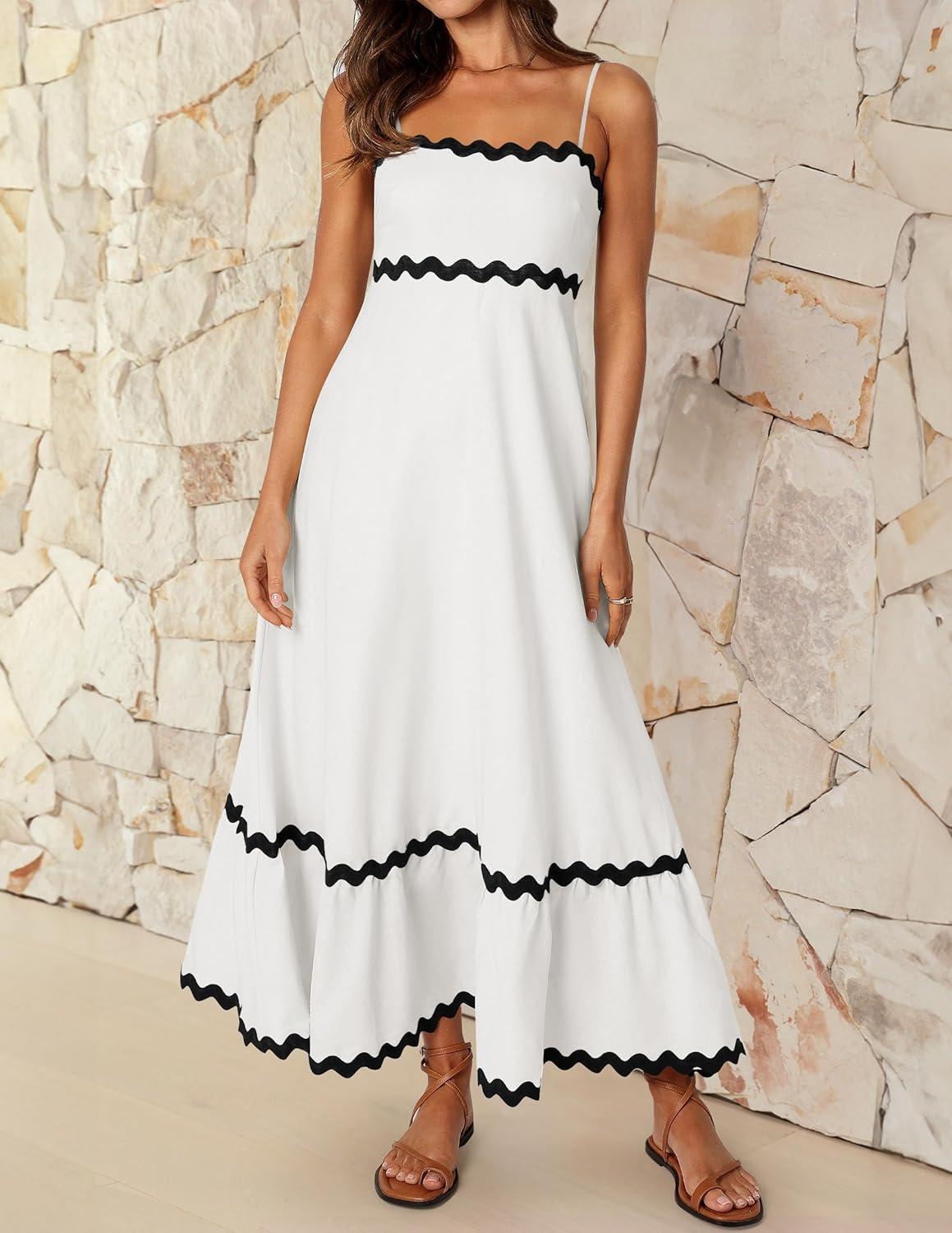 imageZESICA Womens 2026 Summer Spaghetti Straps Sleeveless Backless Sundress Flowy Smocked Lace Swing A Line Midi DressWhite
