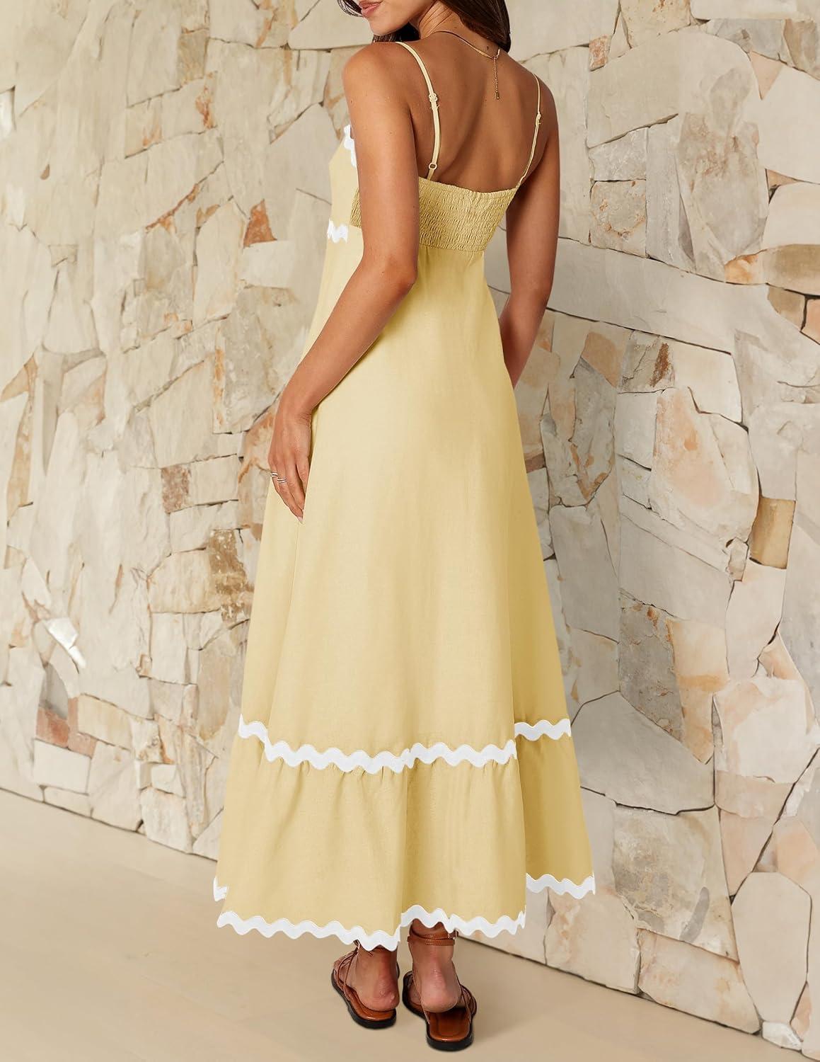 imageZESICA Womens 2026 Summer Spaghetti Straps Sleeveless Backless Sundress Flowy Smocked Lace Swing A Line Midi DressYellow