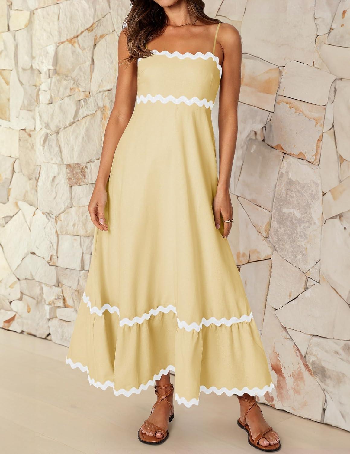 imageZESICA Womens 2026 Summer Spaghetti Straps Sleeveless Backless Sundress Flowy Smocked Lace Swing A Line Midi DressYellow