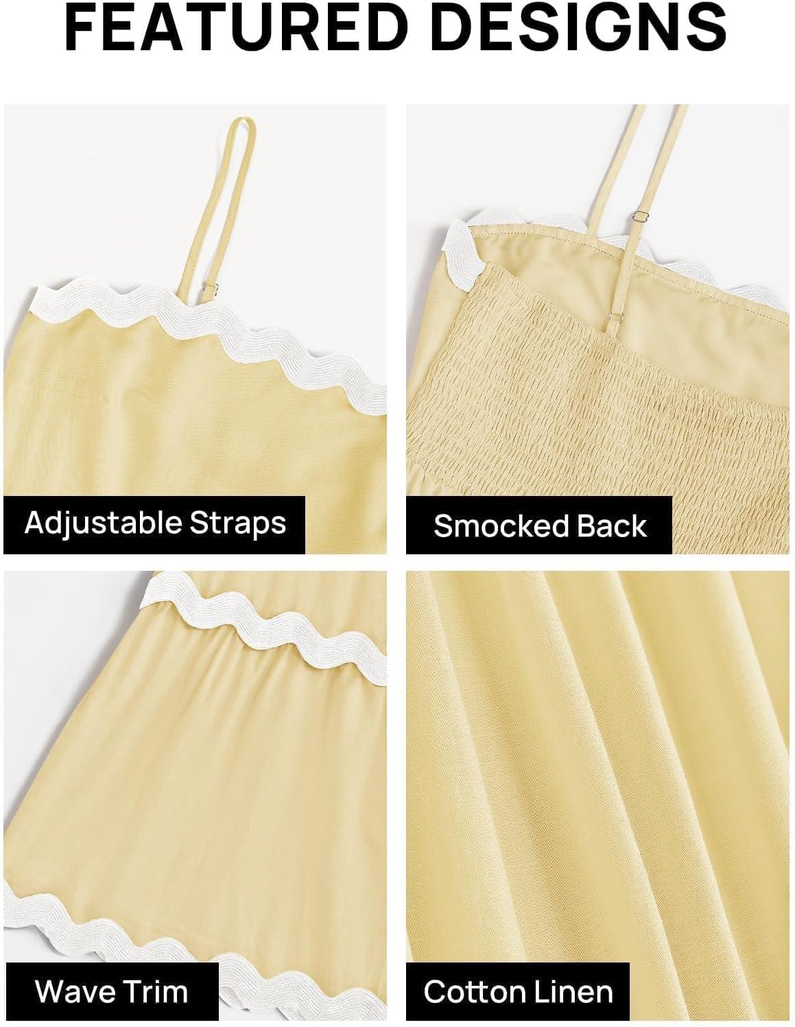 imageZESICA Womens 2026 Summer Spaghetti Straps Sleeveless Backless Sundress Flowy Smocked Lace Swing A Line Midi DressYellow