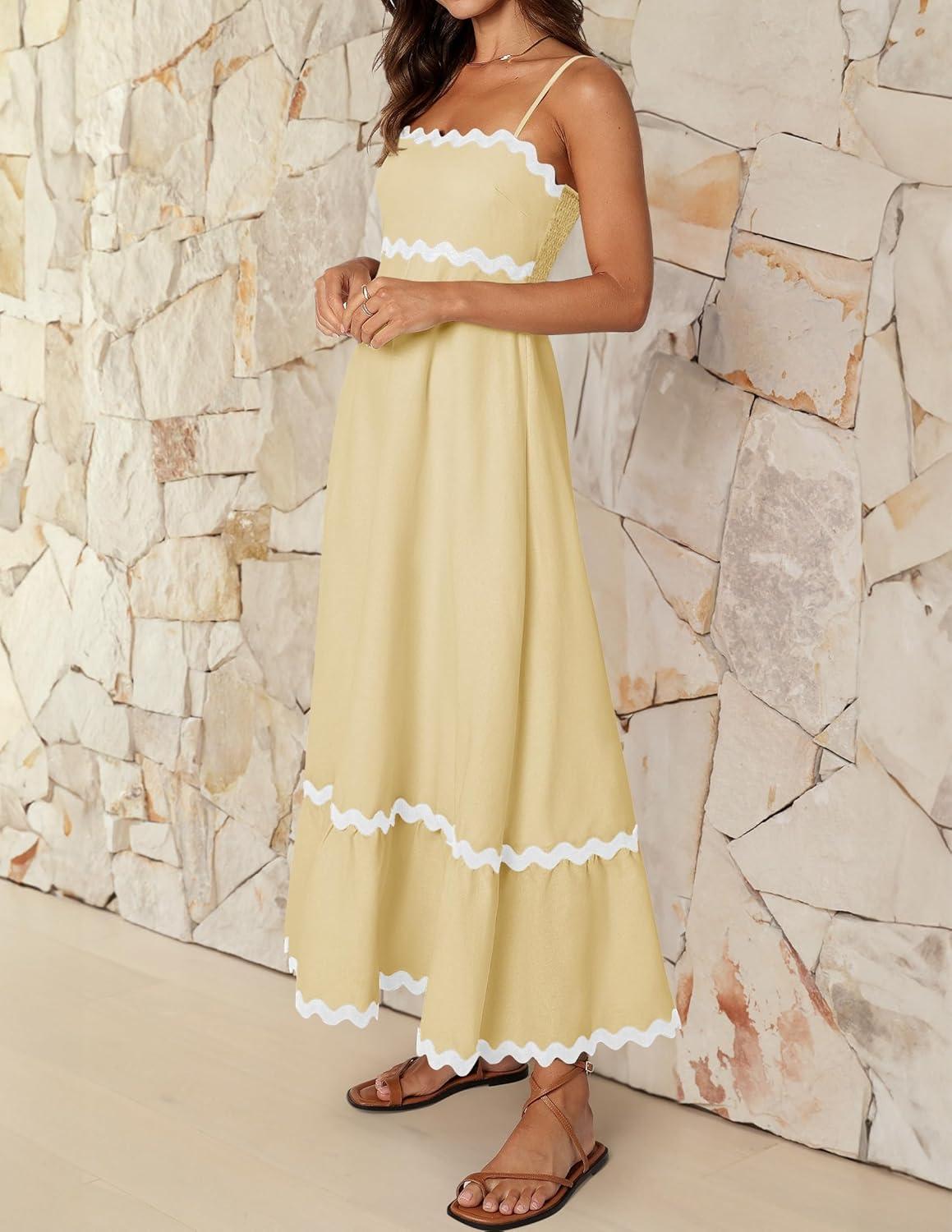imageZESICA Womens 2026 Summer Spaghetti Straps Sleeveless Backless Sundress Flowy Smocked Lace Swing A Line Midi DressYellow