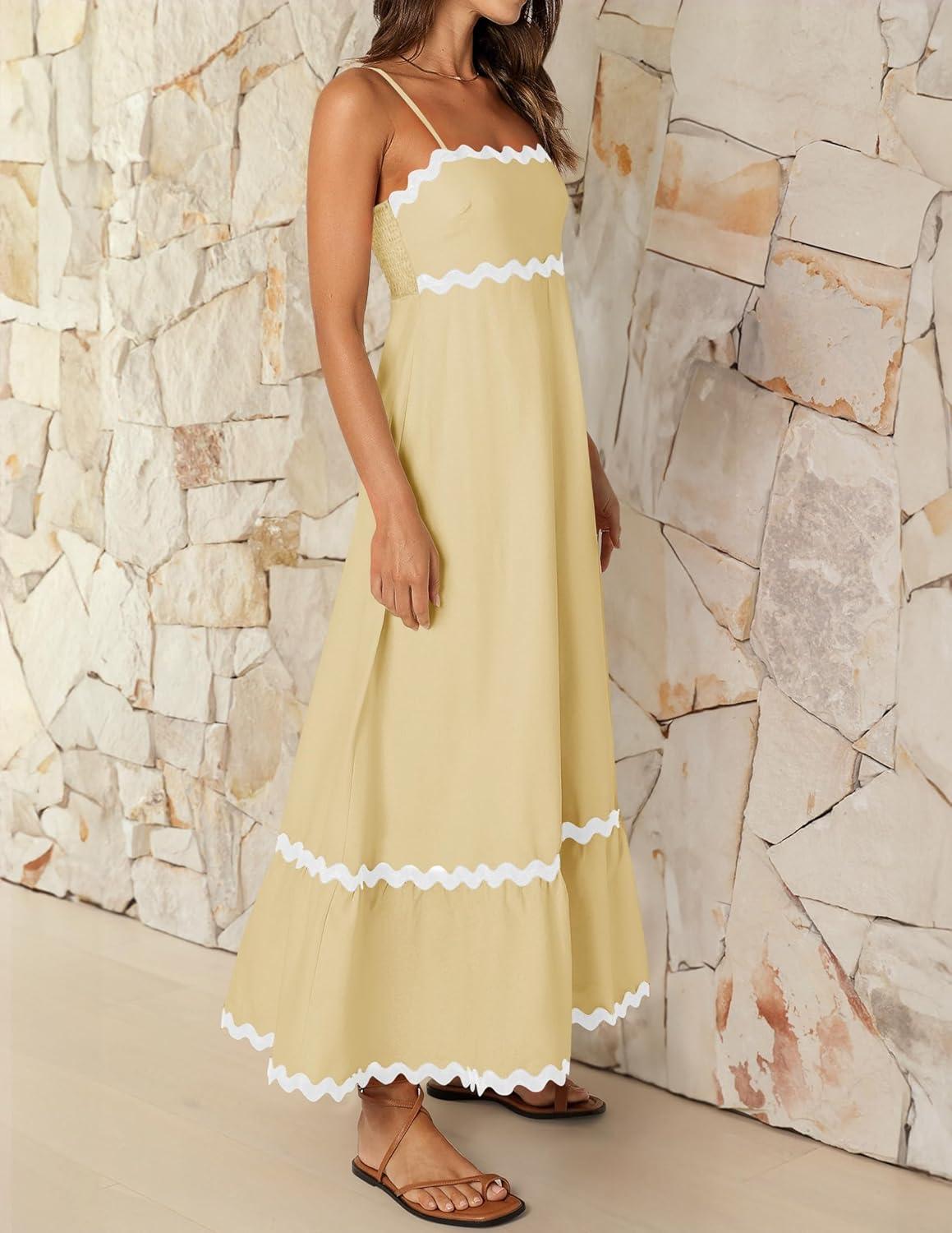 imageZESICA Womens 2026 Summer Spaghetti Straps Sleeveless Backless Sundress Flowy Smocked Lace Swing A Line Midi DressYellow