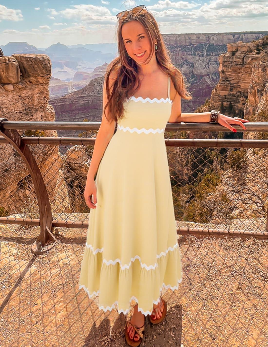 imageZESICA Womens 2026 Summer Spaghetti Straps Sleeveless Backless Sundress Flowy Smocked Lace Swing A Line Midi DressYellow