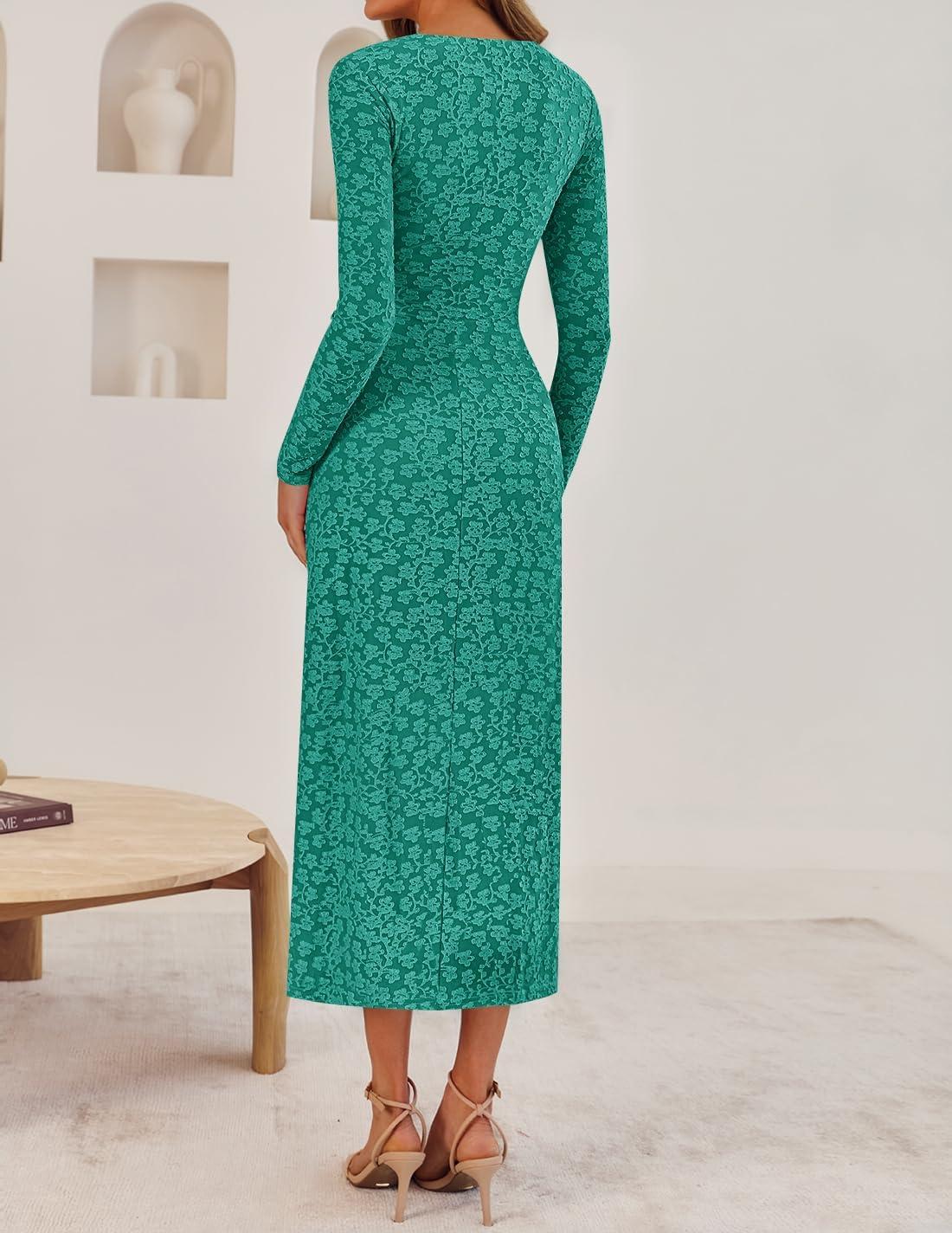 imageZESICA Womens Fall Floral Long Sleeve Bodycon Dress 2026 Elegant V Neck Cocktail Party Long Midi DressesPeacock