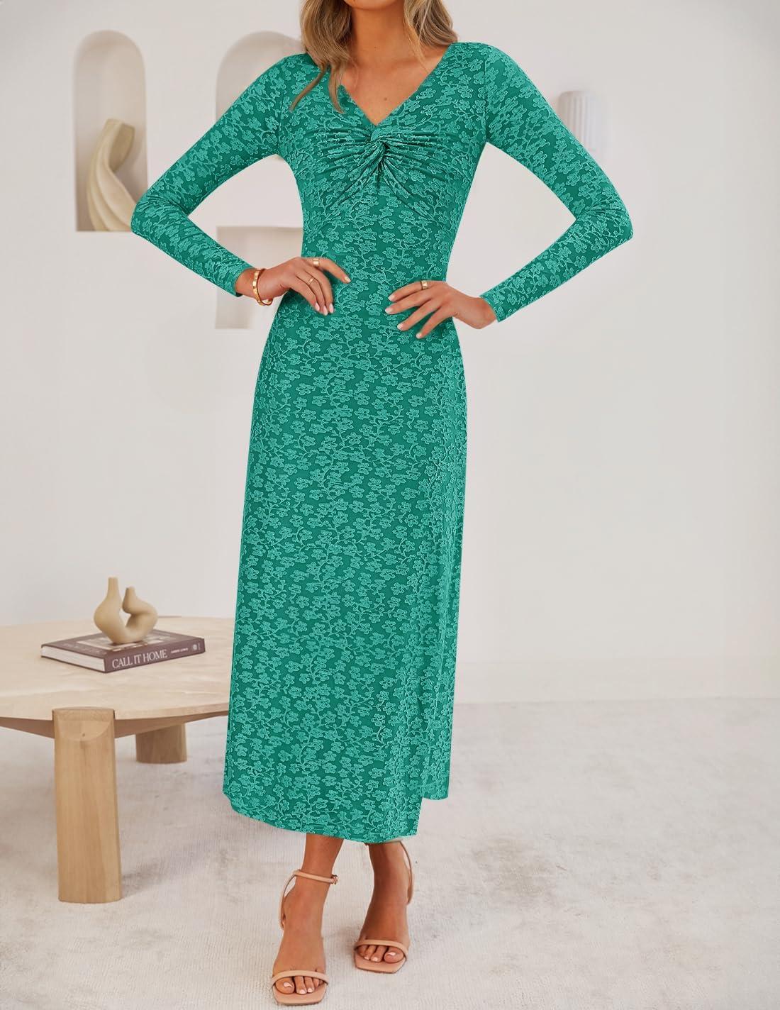 imageZESICA Womens Fall Floral Long Sleeve Bodycon Dress 2026 Elegant V Neck Cocktail Party Long Midi DressesPeacock
