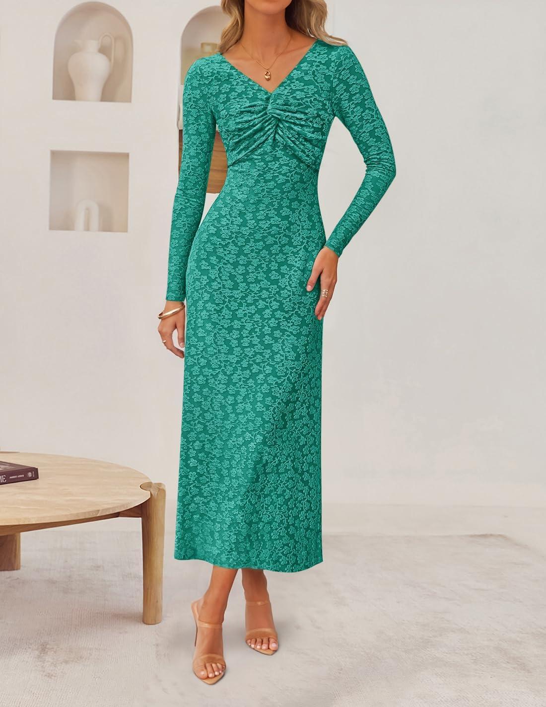 imageZESICA Womens Fall Floral Long Sleeve Bodycon Dress 2026 Elegant V Neck Cocktail Party Long Midi DressesPeacock