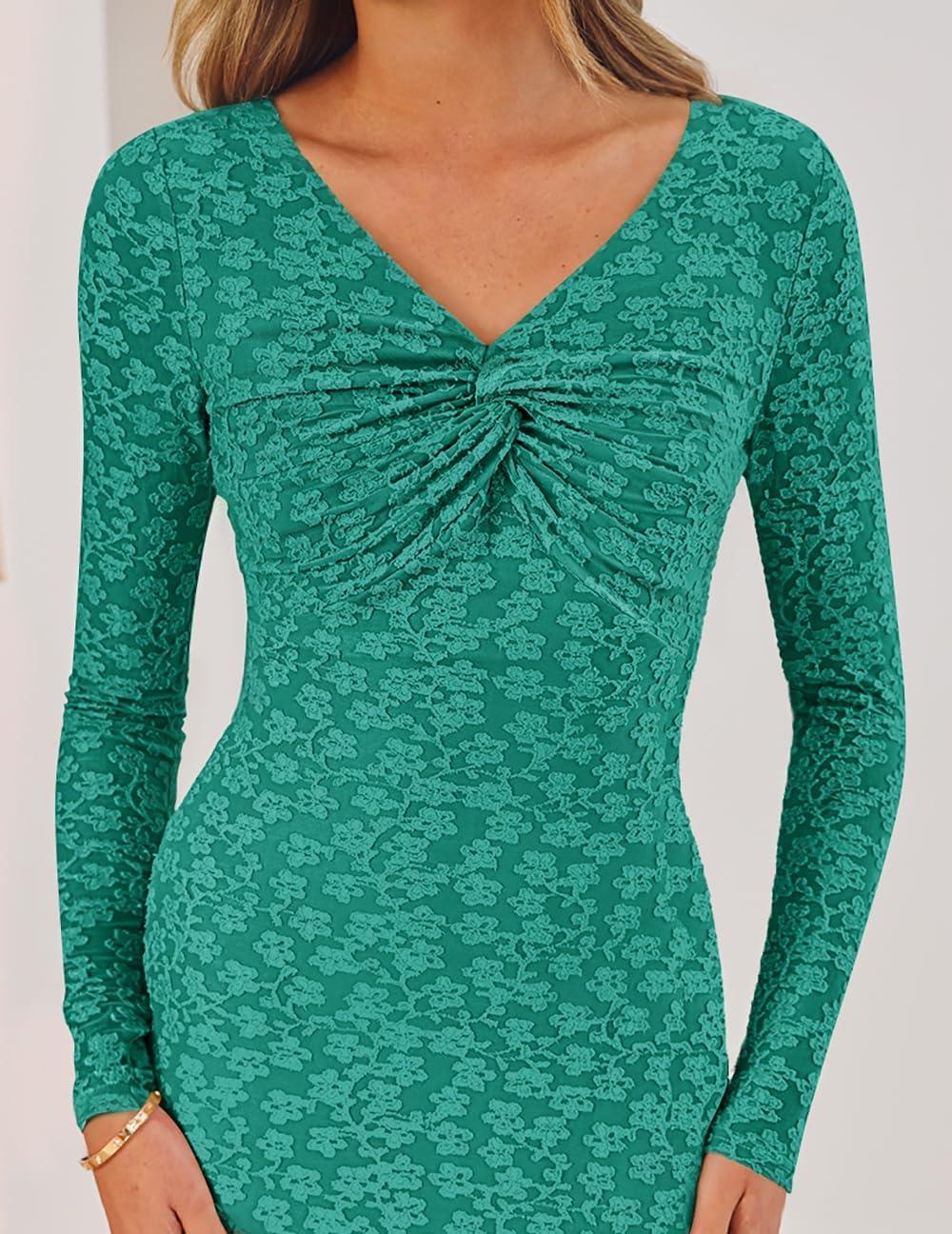 imageZESICA Womens Fall Floral Long Sleeve Bodycon Dress 2026 Elegant V Neck Cocktail Party Long Midi DressesPeacock
