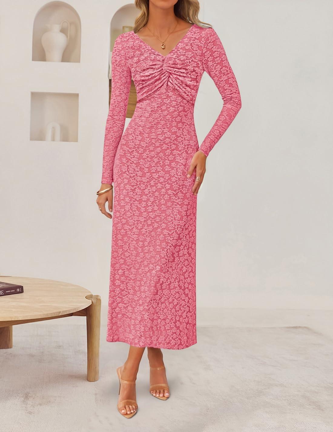 imageZESICA Womens Fall Floral Long Sleeve Bodycon Dress 2026 Elegant V Neck Cocktail Party Long Midi DressesPink