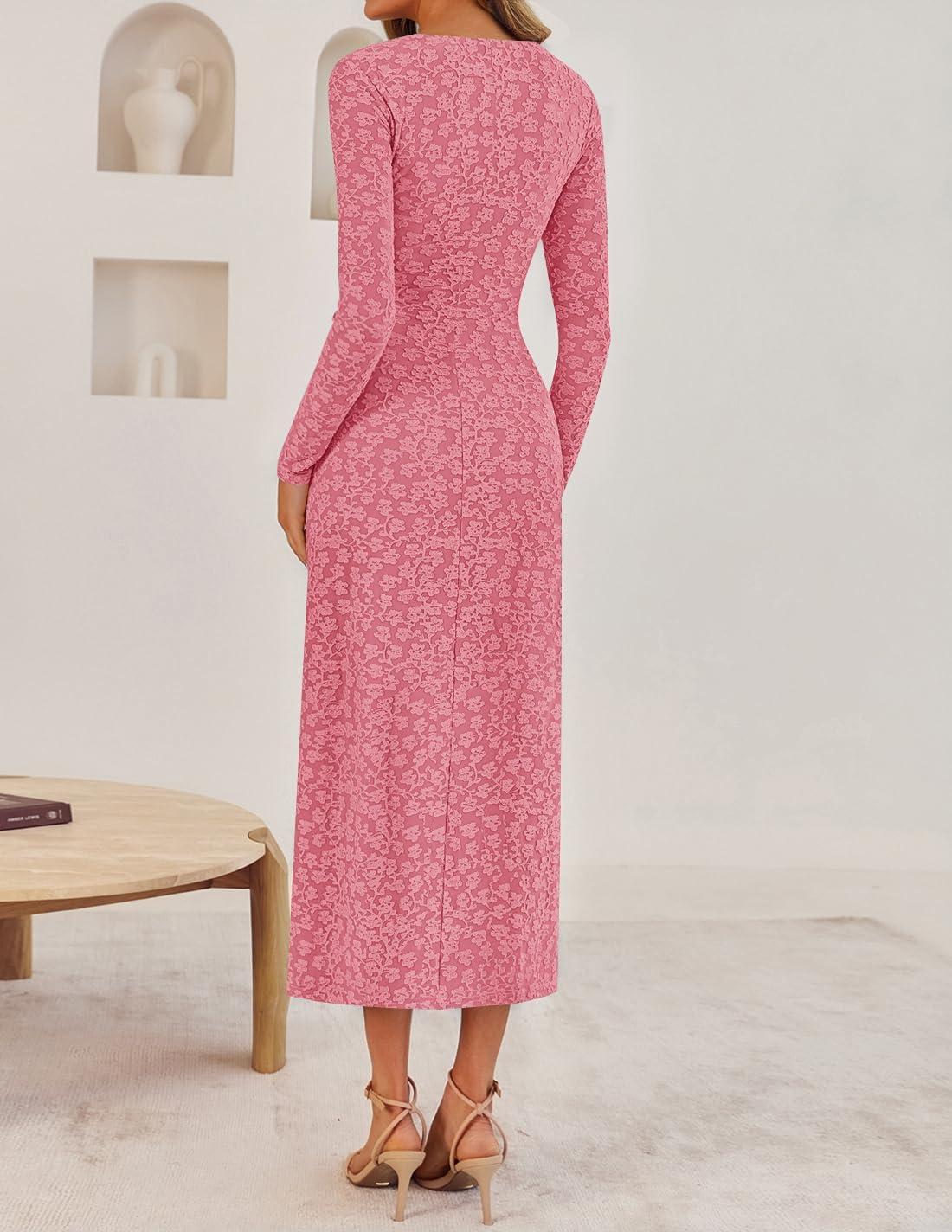imageZESICA Womens Fall Floral Long Sleeve Bodycon Dress 2026 Elegant V Neck Cocktail Party Long Midi DressesPink