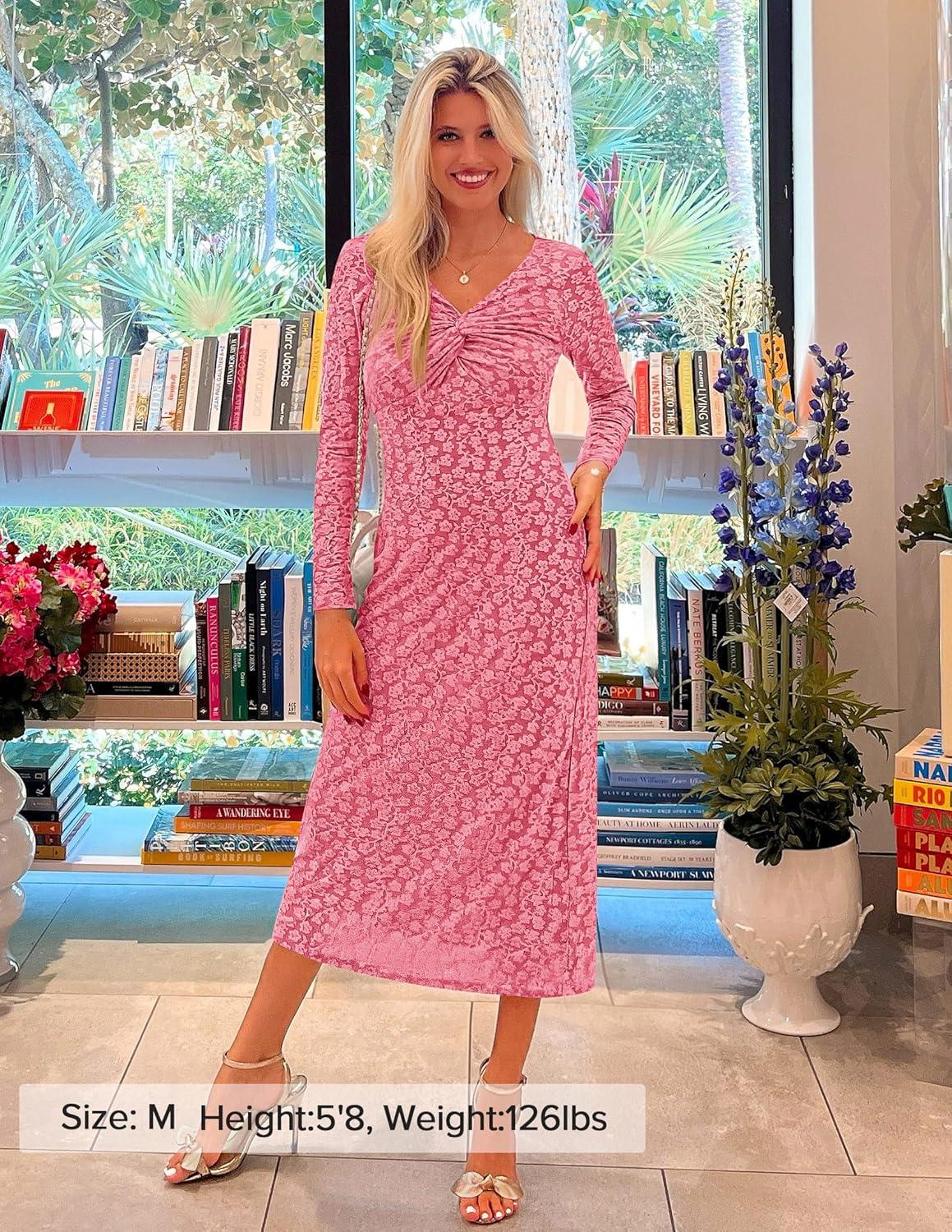 imageZESICA Womens Fall Floral Long Sleeve Bodycon Dress 2026 Elegant V Neck Cocktail Party Long Midi DressesPink