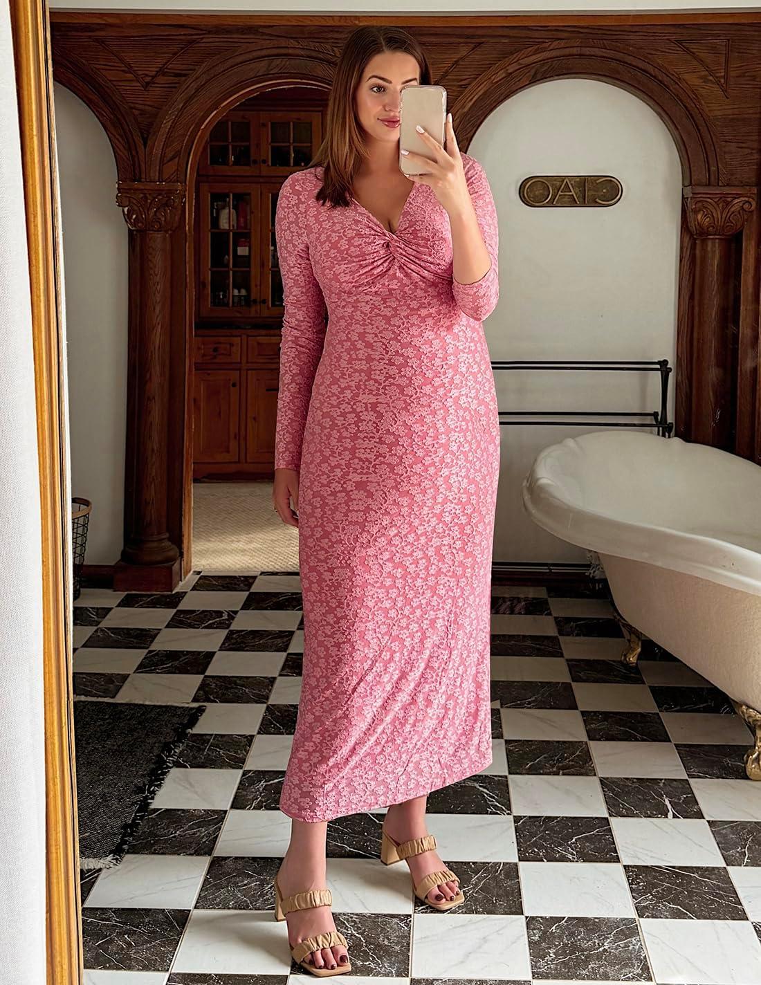 imageZESICA Womens Fall Floral Long Sleeve Bodycon Dress 2026 Elegant V Neck Cocktail Party Long Midi DressesPink
