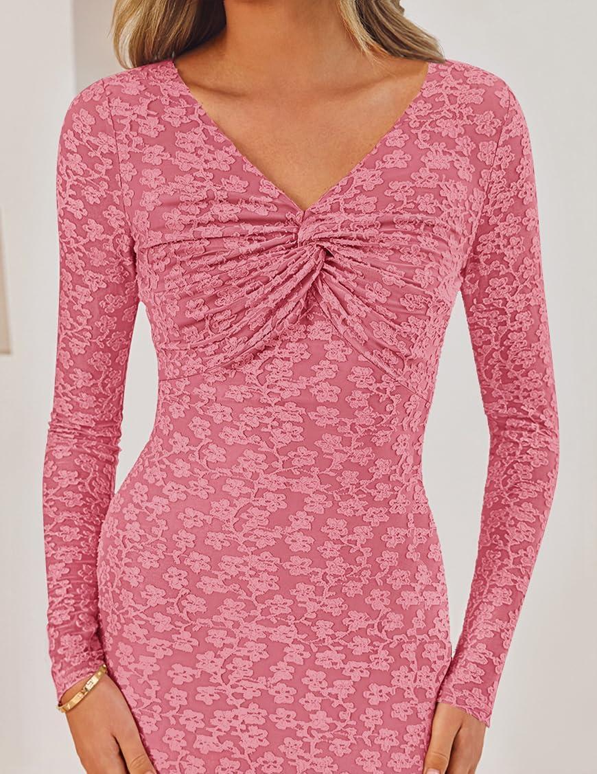 imageZESICA Womens Fall Floral Long Sleeve Bodycon Dress 2026 Elegant V Neck Cocktail Party Long Midi DressesPink