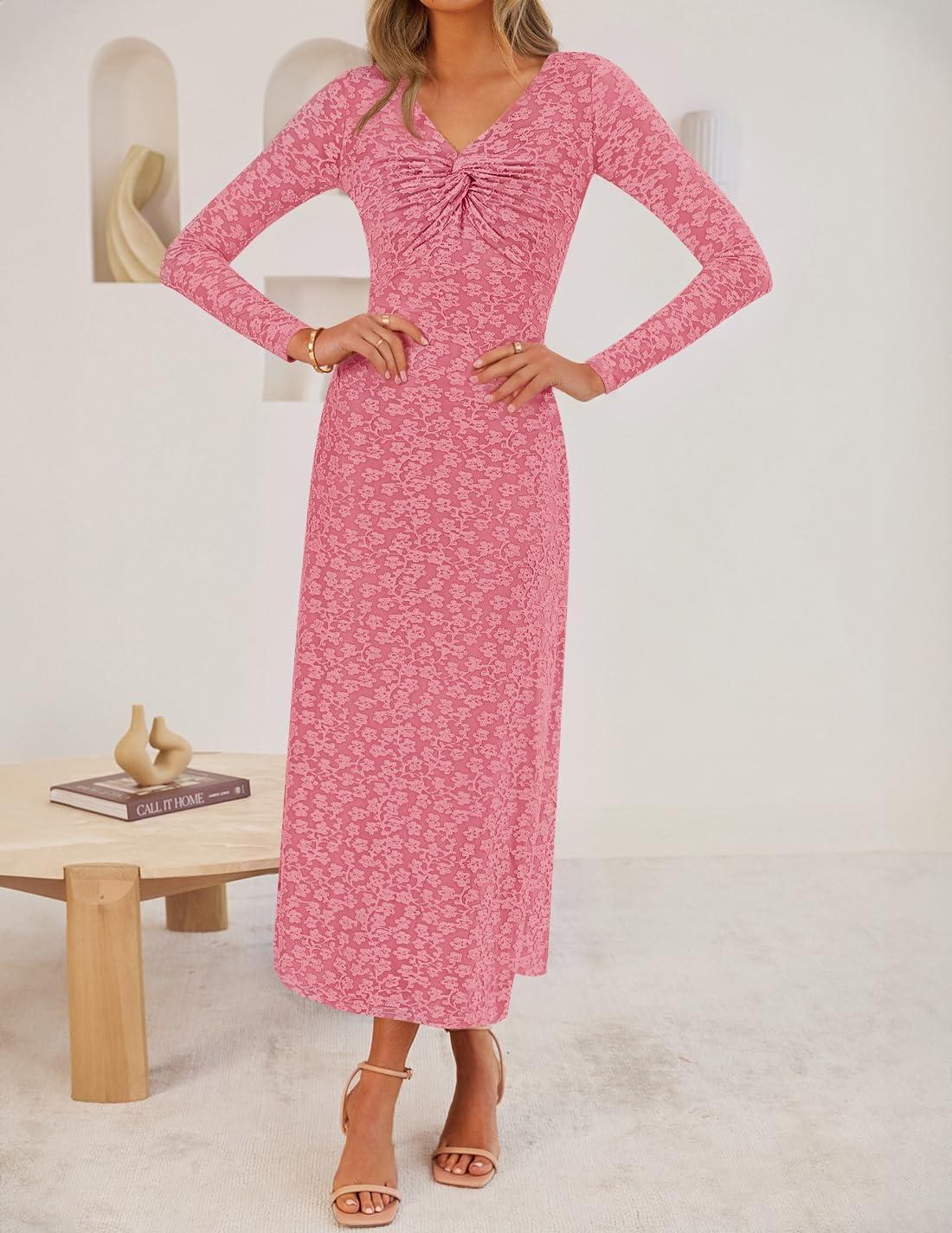 imageZESICA Womens Fall Floral Long Sleeve Bodycon Dress 2026 Elegant V Neck Cocktail Party Long Midi DressesPink