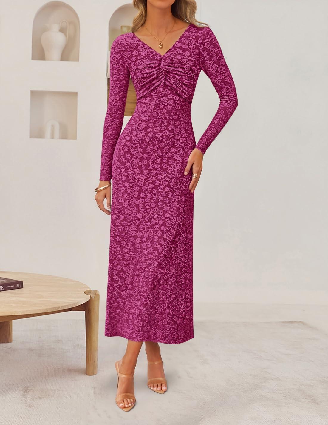 imageZESICA Womens Fall Floral Long Sleeve Bodycon Dress 2026 Elegant V Neck Cocktail Party Long Midi DressesRosypurple