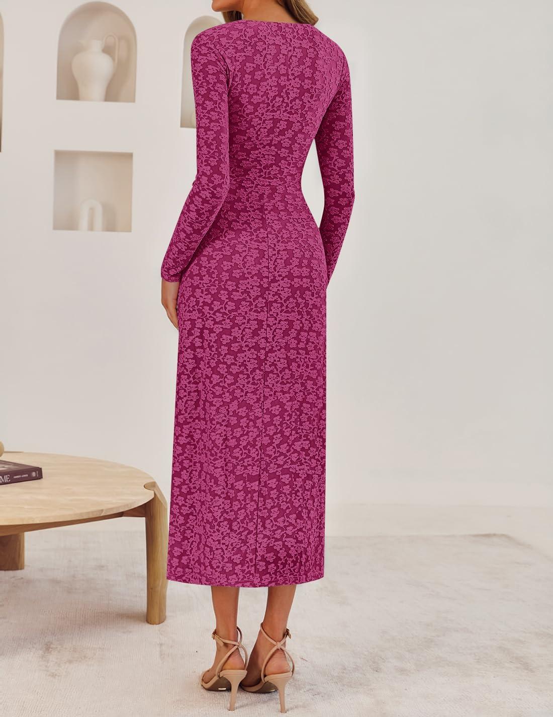 imageZESICA Womens Fall Floral Long Sleeve Bodycon Dress 2026 Elegant V Neck Cocktail Party Long Midi DressesRosypurple