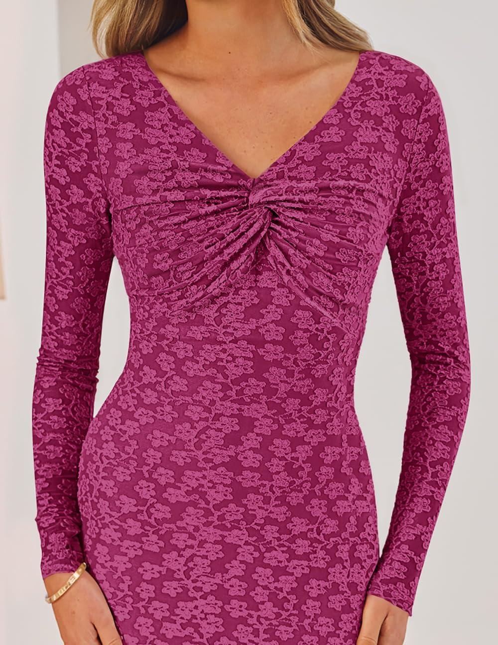 imageZESICA Womens Fall Floral Long Sleeve Bodycon Dress 2026 Elegant V Neck Cocktail Party Long Midi DressesRosypurple