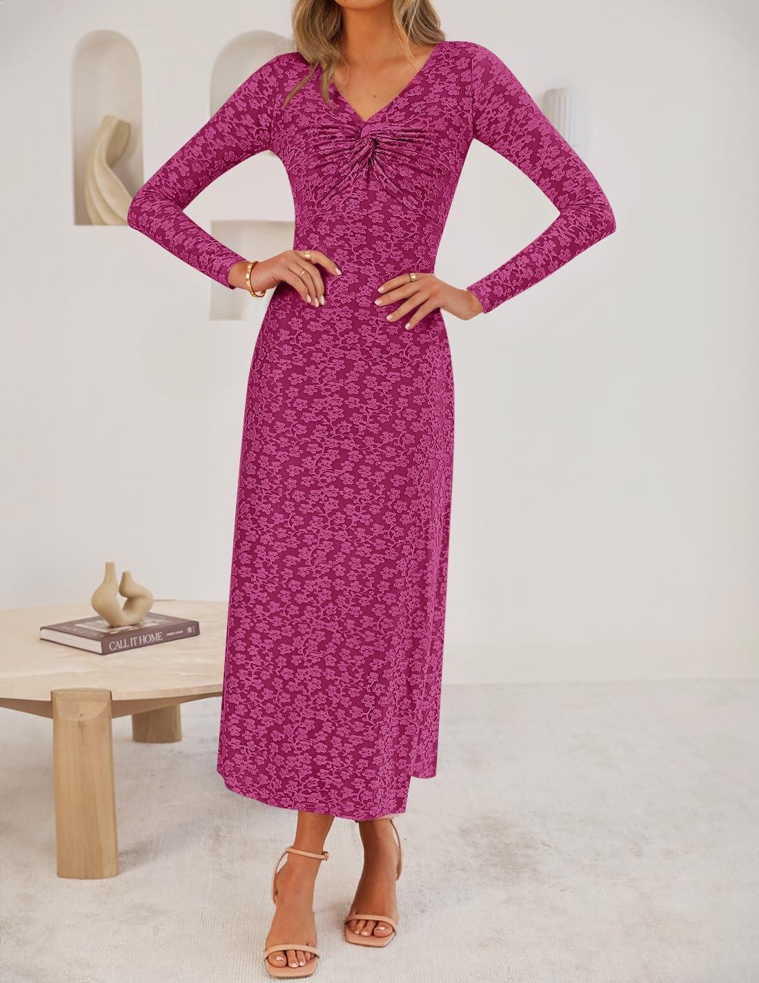 imageZESICA Womens Fall Floral Long Sleeve Bodycon Dress 2026 Elegant V Neck Cocktail Party Long Midi DressesRosypurple