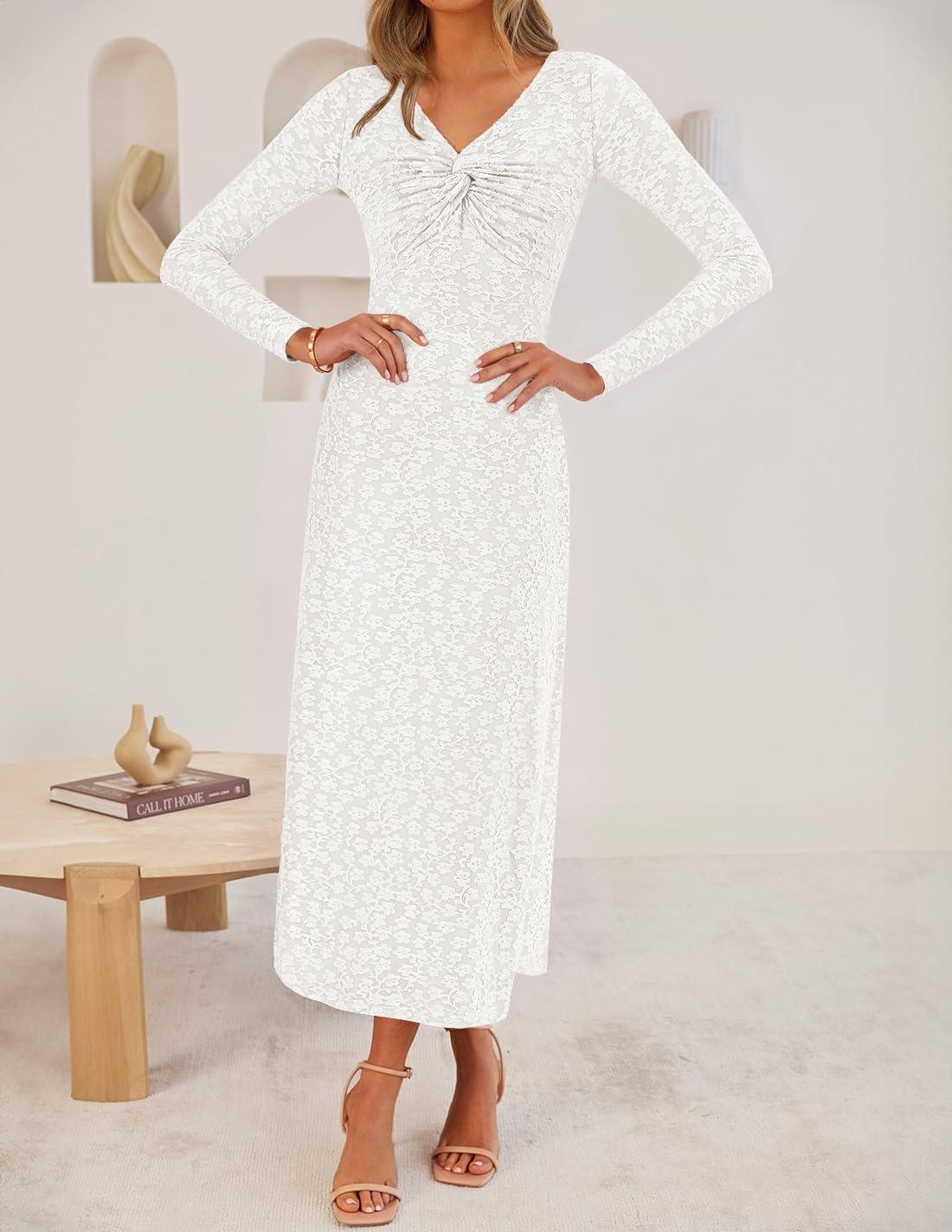 imageZESICA Womens Fall Floral Long Sleeve Bodycon Dress 2026 Elegant V Neck Cocktail Party Long Midi DressesWhite
