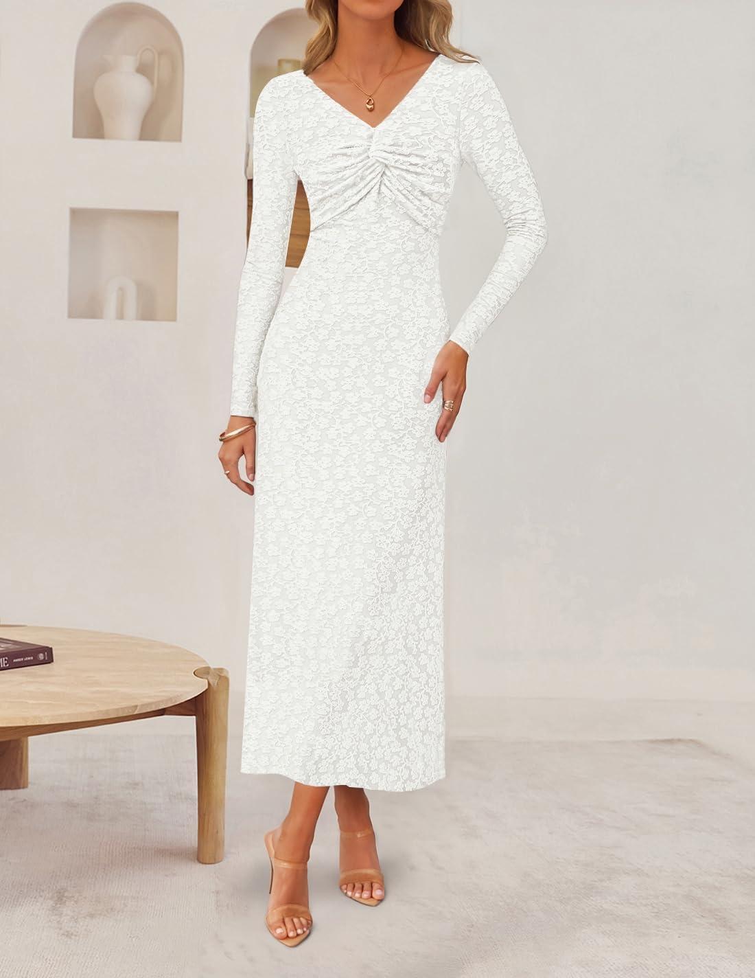 imageZESICA Womens Fall Floral Long Sleeve Bodycon Dress 2026 Elegant V Neck Cocktail Party Long Midi DressesWhite