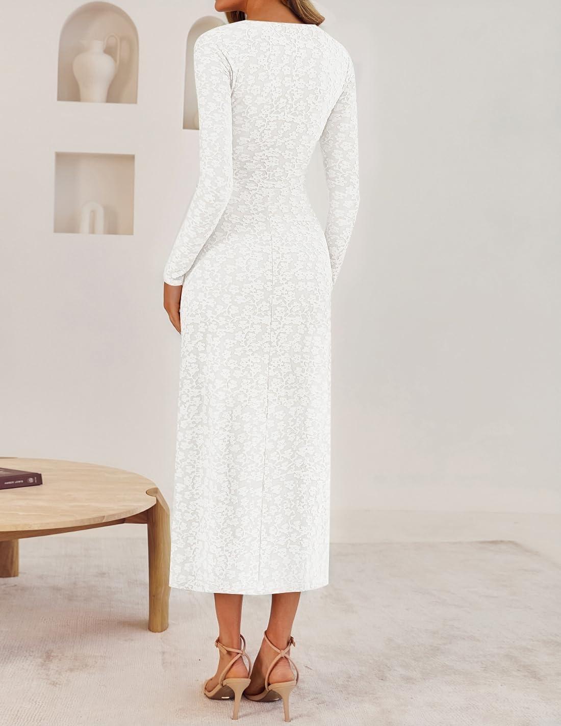 imageZESICA Womens Fall Floral Long Sleeve Bodycon Dress 2026 Elegant V Neck Cocktail Party Long Midi DressesWhite