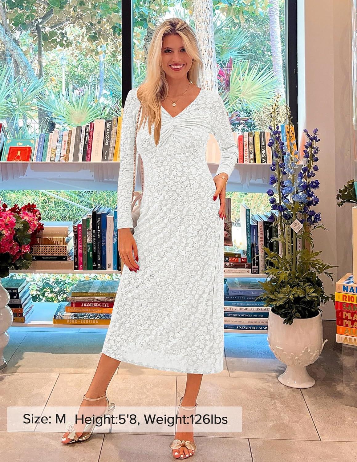 imageZESICA Womens Fall Floral Long Sleeve Bodycon Dress 2026 Elegant V Neck Cocktail Party Long Midi DressesWhite