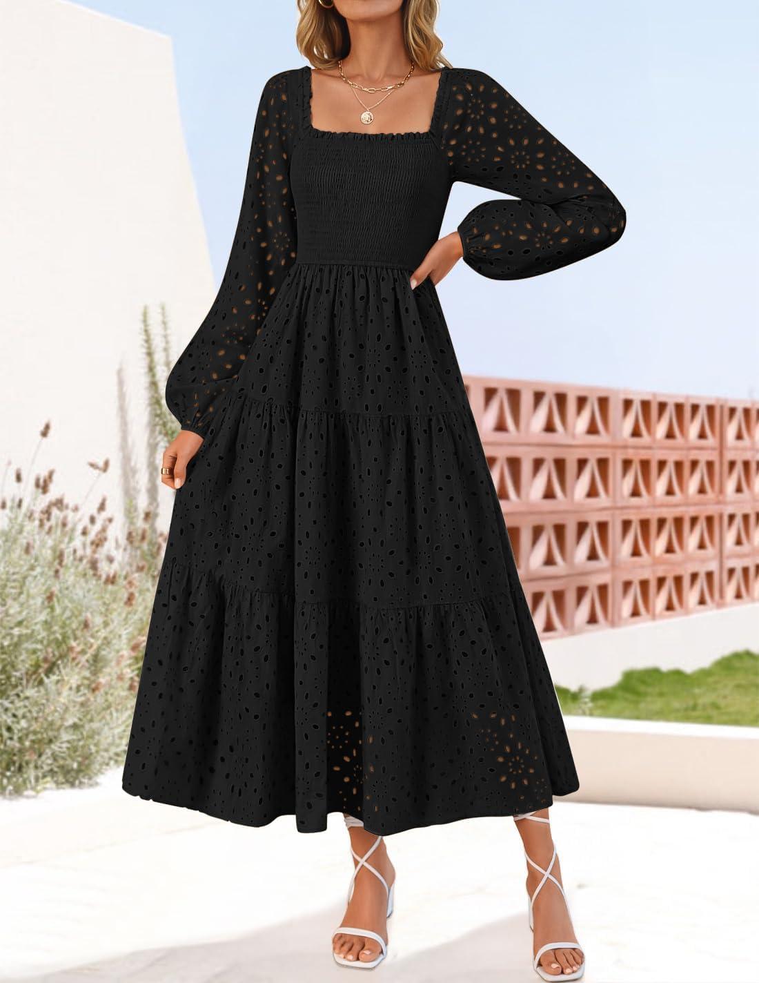 imageZESICA Womens Fall Long Sleeve Maxi Dresses 2026 Square Neck Hollow Out Eyelet Smocked A Line Cocktail Party DressBlack