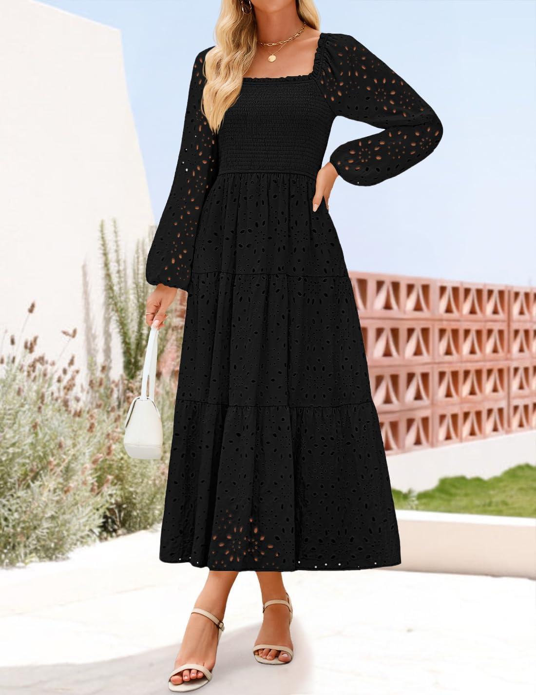 imageZESICA Womens Fall Long Sleeve Maxi Dresses 2026 Square Neck Hollow Out Eyelet Smocked A Line Cocktail Party DressBlack
