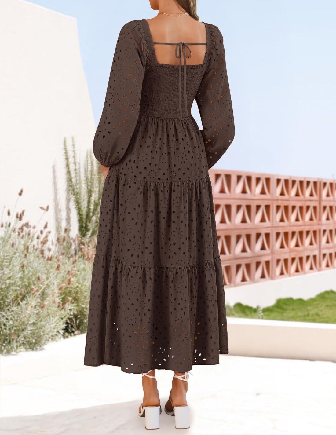 imageZESICA Womens Fall Long Sleeve Maxi Dresses 2026 Square Neck Hollow Out Eyelet Smocked A Line Cocktail Party DressCoffee