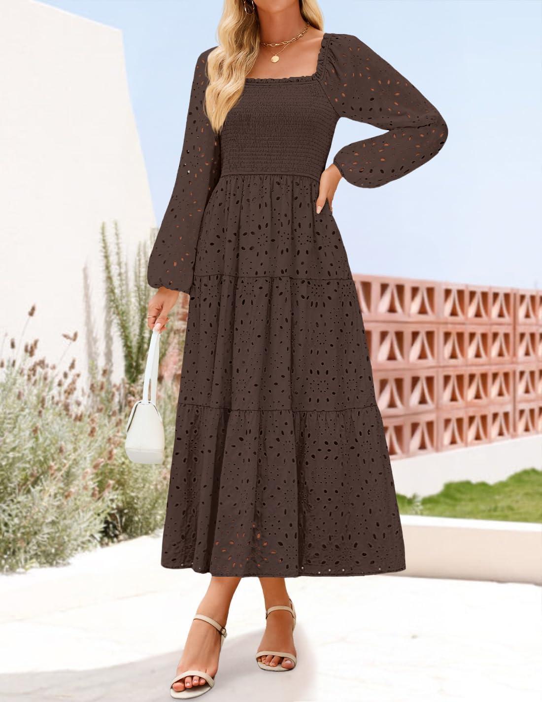 imageZESICA Womens Fall Long Sleeve Maxi Dresses 2026 Square Neck Hollow Out Eyelet Smocked A Line Cocktail Party DressCoffee