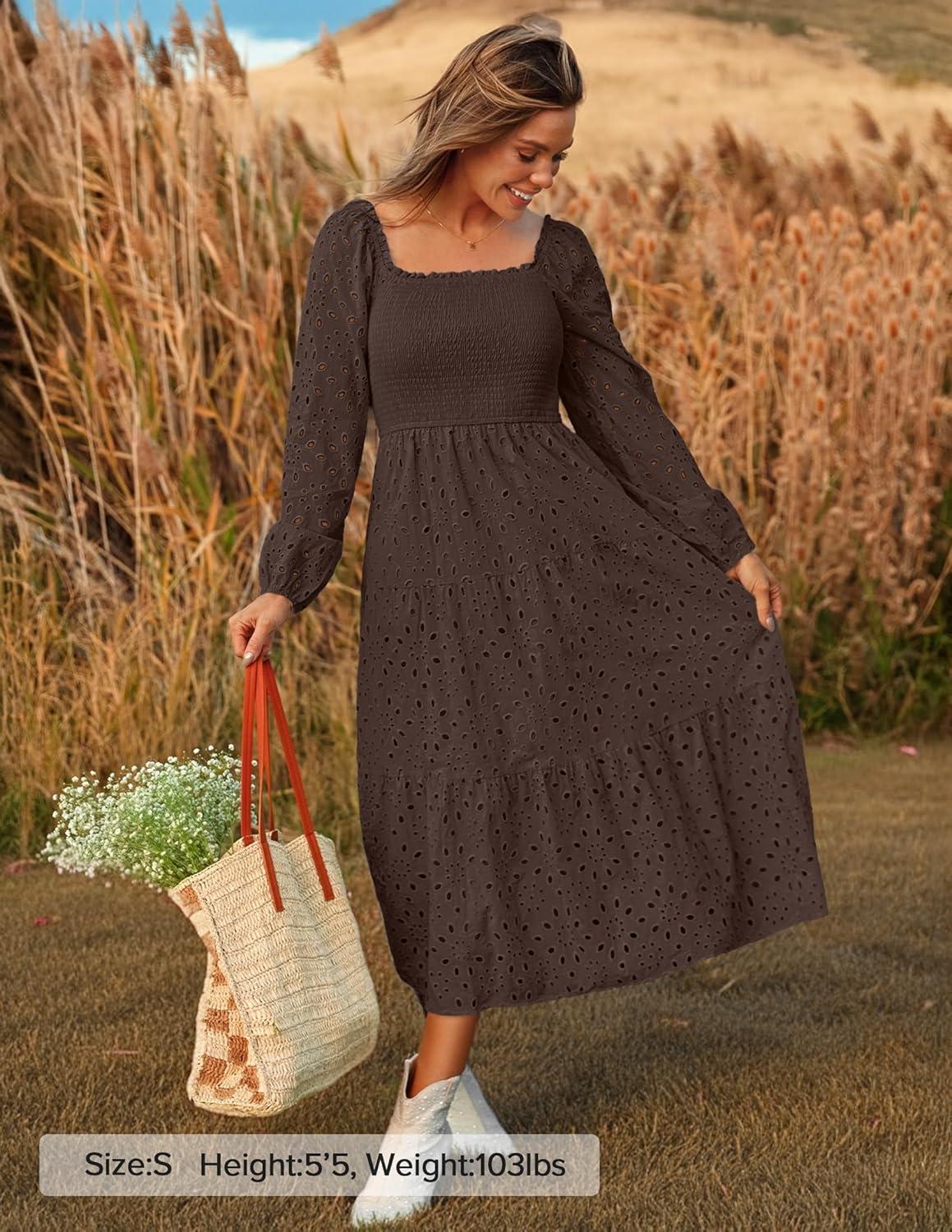 imageZESICA Womens Fall Long Sleeve Maxi Dresses 2026 Square Neck Hollow Out Eyelet Smocked A Line Cocktail Party DressCoffee