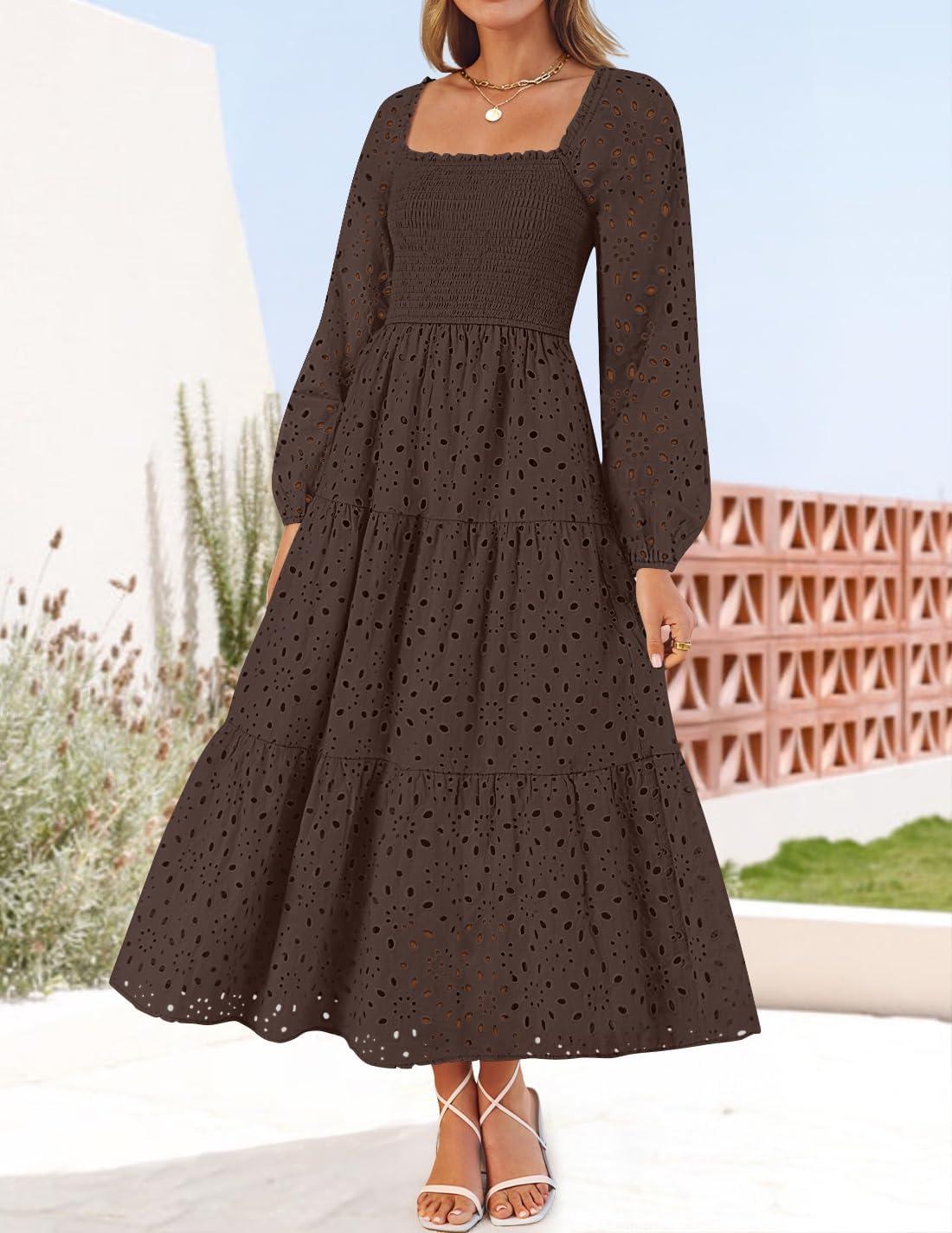 imageZESICA Womens Fall Long Sleeve Maxi Dresses 2026 Square Neck Hollow Out Eyelet Smocked A Line Cocktail Party DressCoffee