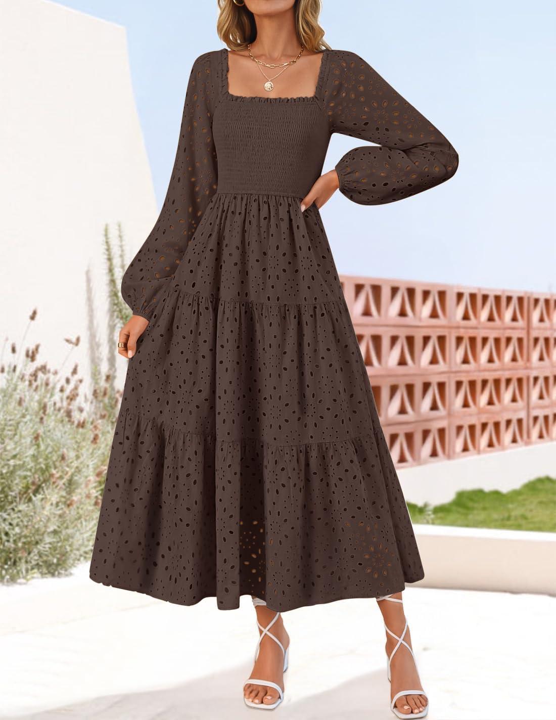 imageZESICA Womens Fall Long Sleeve Maxi Dresses 2026 Square Neck Hollow Out Eyelet Smocked A Line Cocktail Party DressCoffee