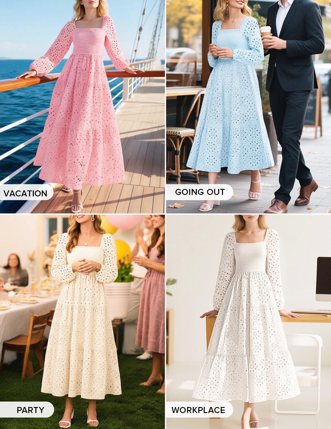 imageZESICA Womens Fall Long Sleeve Maxi Dresses 2026 Square Neck Hollow Out Eyelet Smocked A Line Cocktail Party DressCoffee