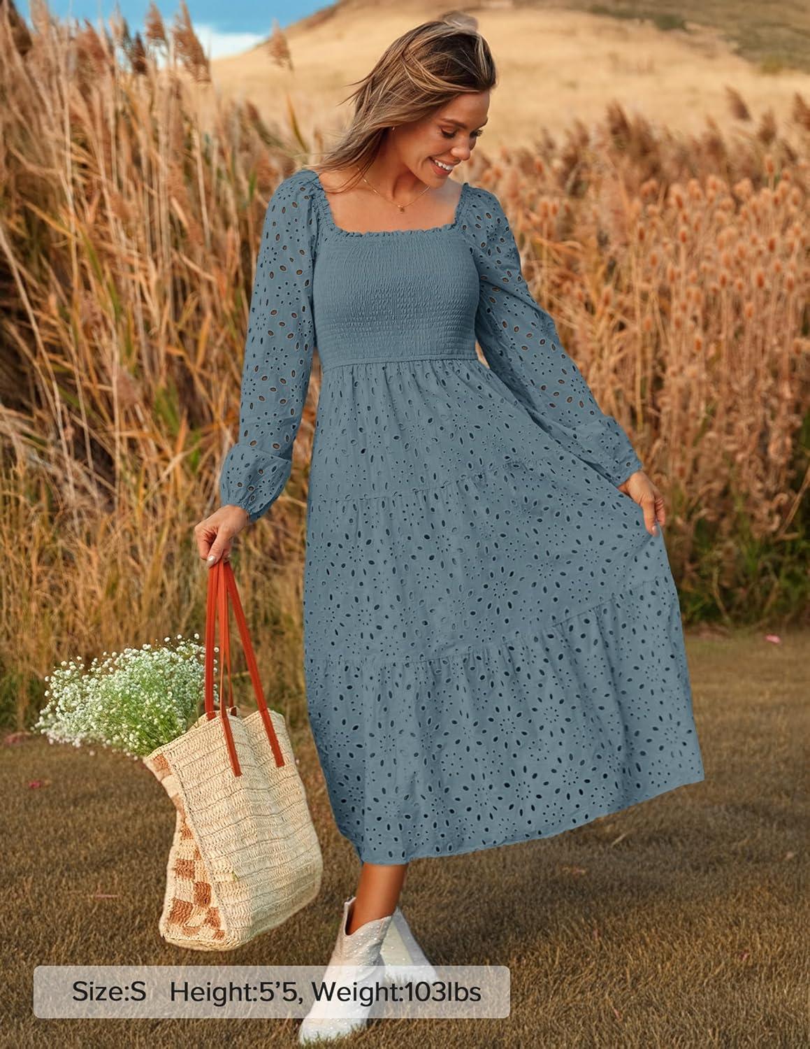 imageZESICA Womens Fall Long Sleeve Maxi Dresses 2026 Square Neck Hollow Out Eyelet Smocked A Line Cocktail Party DressDustyblue