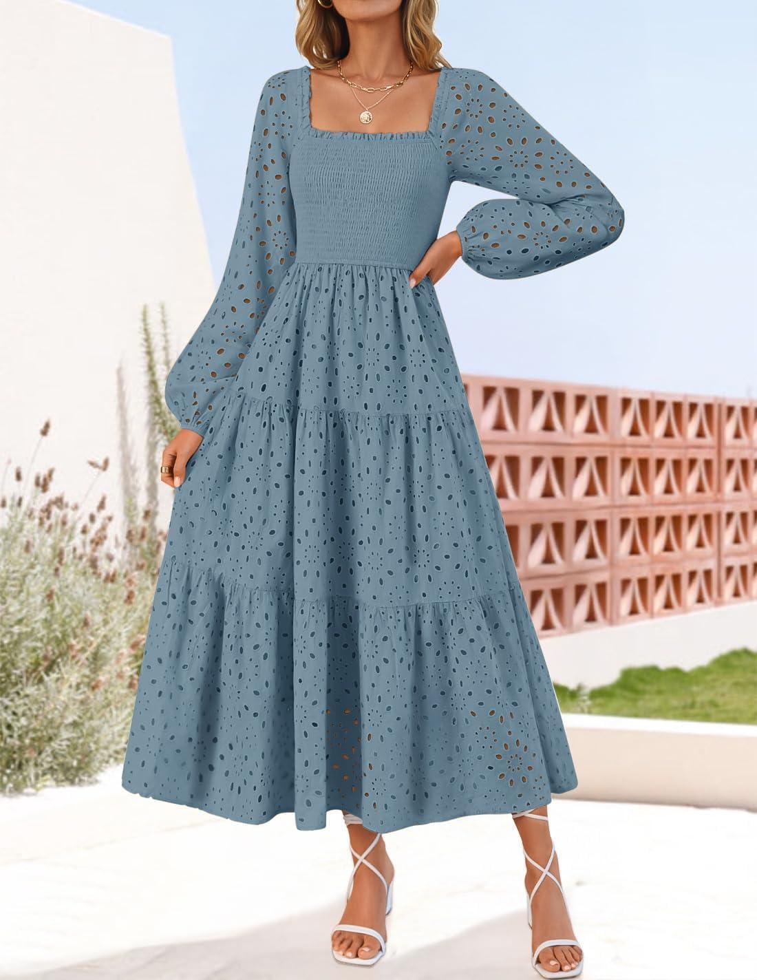 imageZESICA Womens Fall Long Sleeve Maxi Dresses 2026 Square Neck Hollow Out Eyelet Smocked A Line Cocktail Party DressDustyblue