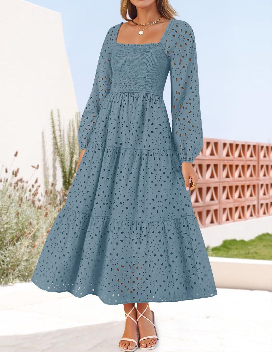 imageZESICA Womens Fall Long Sleeve Maxi Dresses 2026 Square Neck Hollow Out Eyelet Smocked A Line Cocktail Party DressDustyblue