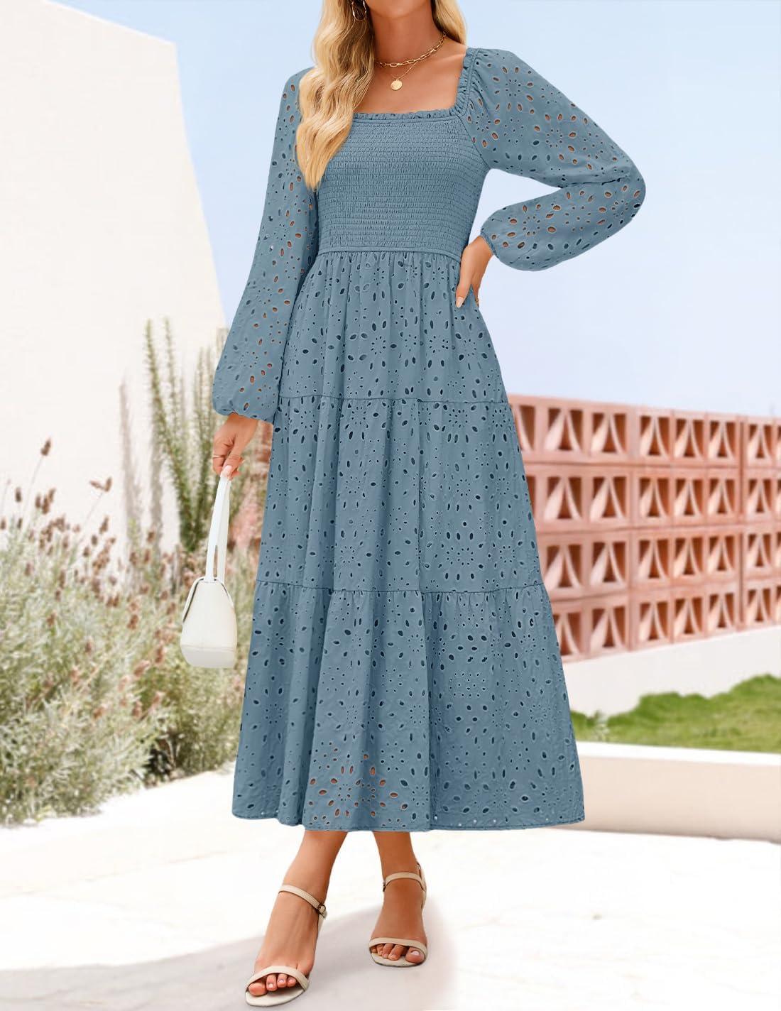 imageZESICA Womens Fall Long Sleeve Maxi Dresses 2026 Square Neck Hollow Out Eyelet Smocked A Line Cocktail Party DressDustyblue