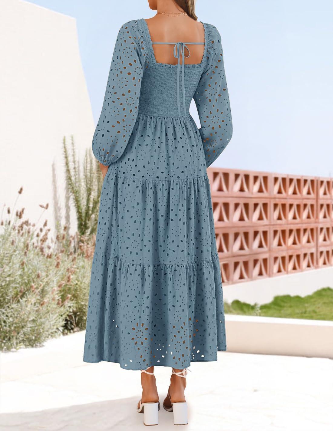 imageZESICA Womens Fall Long Sleeve Maxi Dresses 2026 Square Neck Hollow Out Eyelet Smocked A Line Cocktail Party DressDustyblue