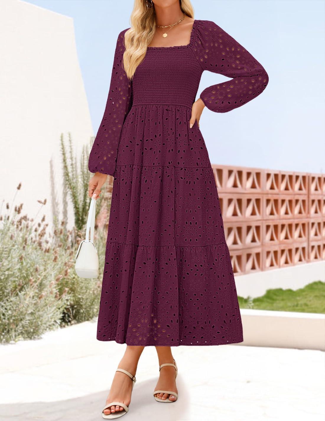 imageZESICA Womens Fall Long Sleeve Maxi Dresses 2026 Square Neck Hollow Out Eyelet Smocked A Line Cocktail Party DressFuchsia
