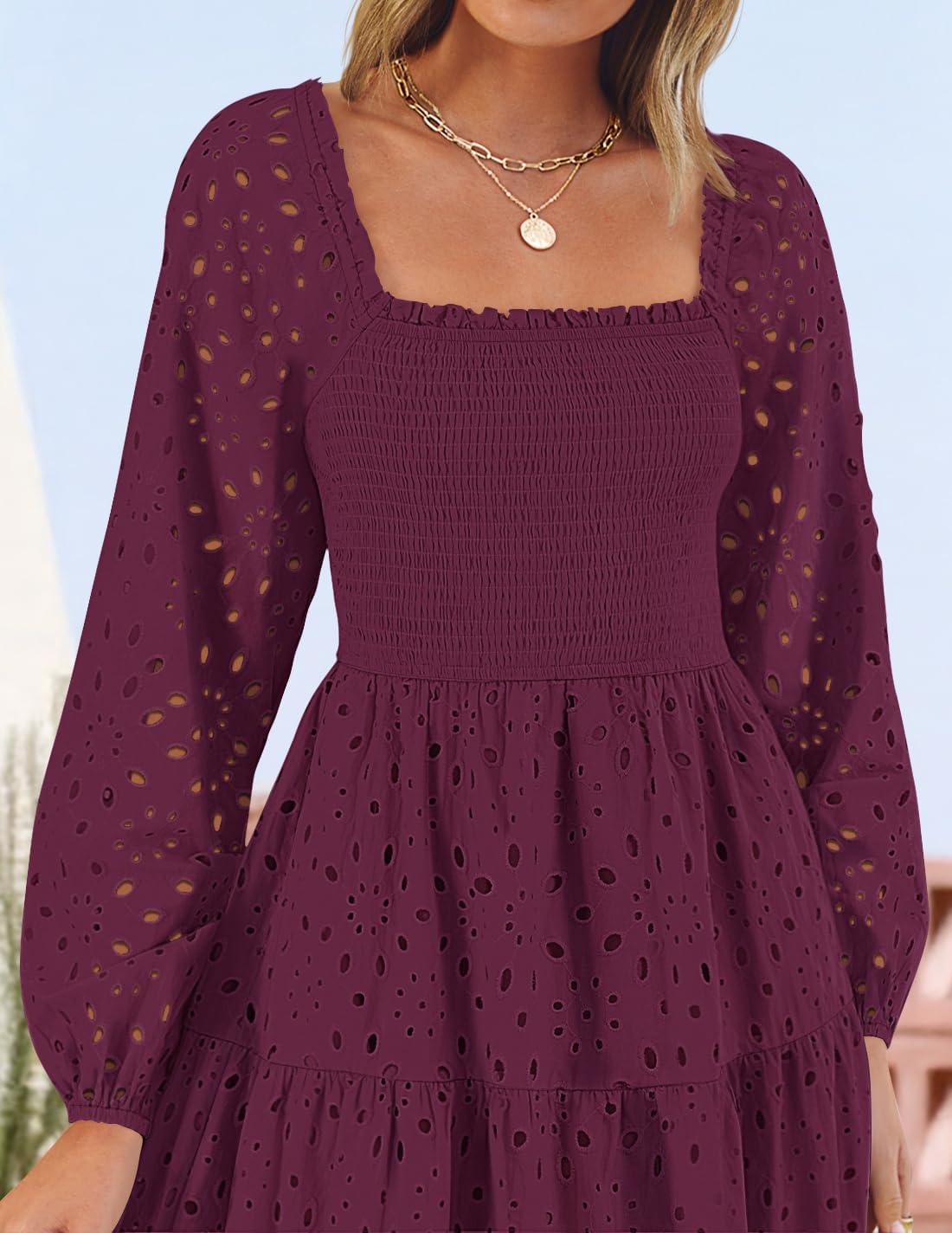 imageZESICA Womens Fall Long Sleeve Maxi Dresses 2026 Square Neck Hollow Out Eyelet Smocked A Line Cocktail Party DressFuchsia