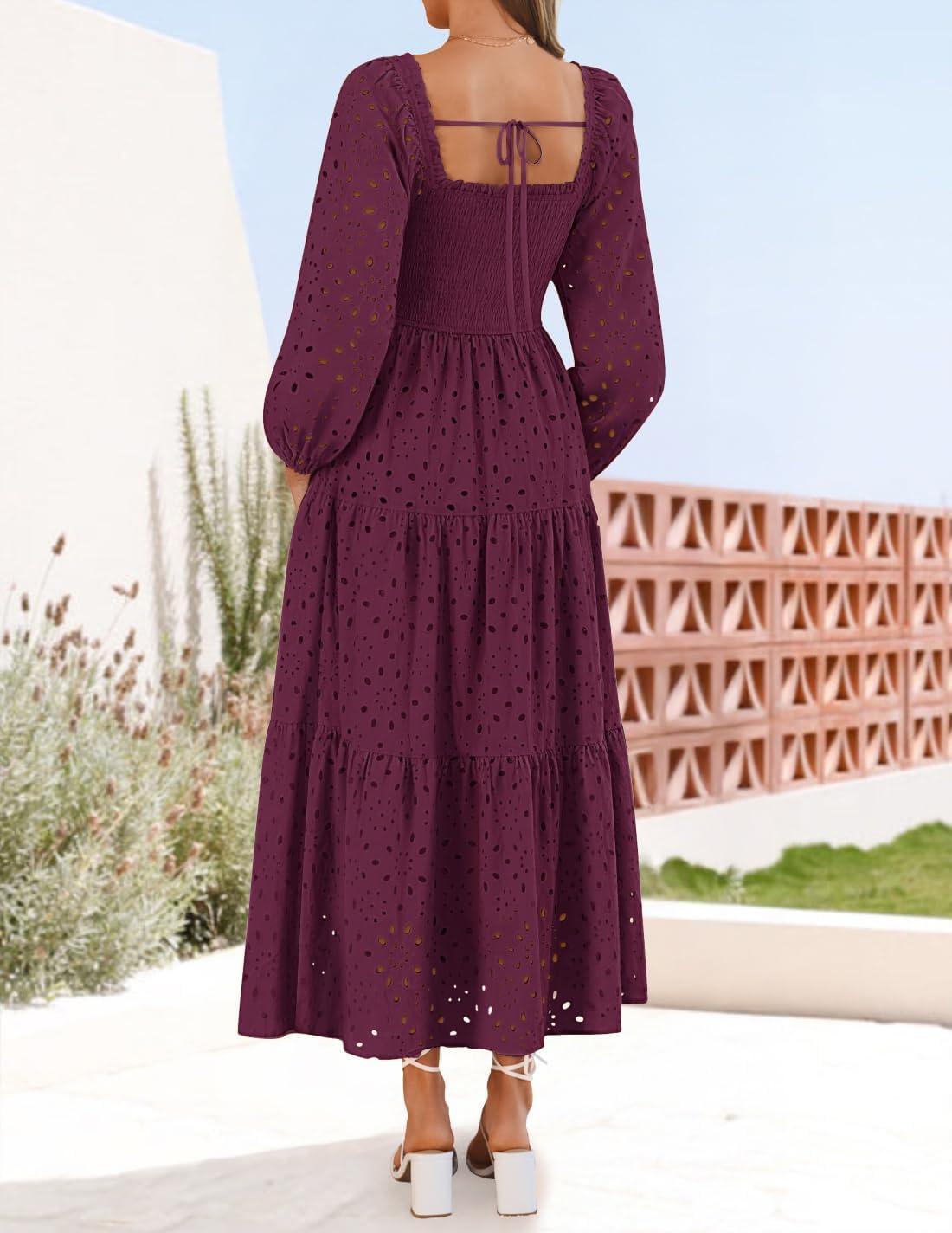 imageZESICA Womens Fall Long Sleeve Maxi Dresses 2026 Square Neck Hollow Out Eyelet Smocked A Line Cocktail Party DressFuchsia