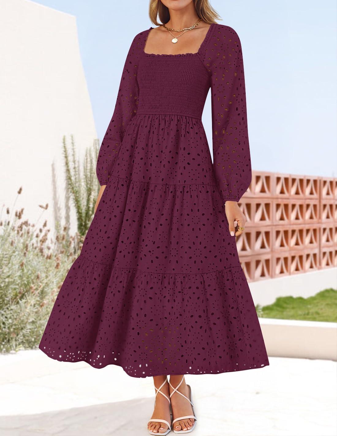 imageZESICA Womens Fall Long Sleeve Maxi Dresses 2026 Square Neck Hollow Out Eyelet Smocked A Line Cocktail Party DressFuchsia