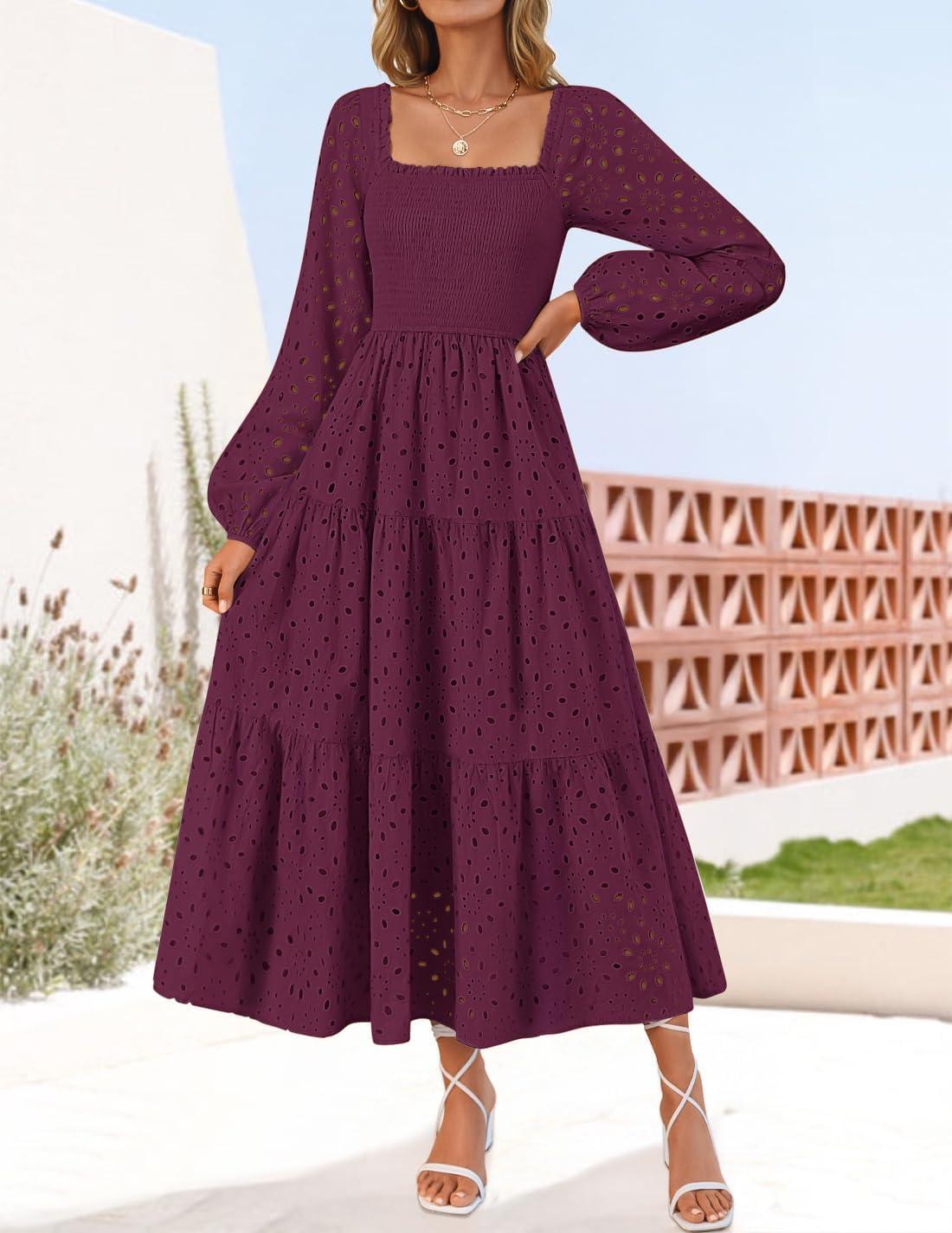 imageZESICA Womens Fall Long Sleeve Maxi Dresses 2026 Square Neck Hollow Out Eyelet Smocked A Line Cocktail Party DressFuchsia