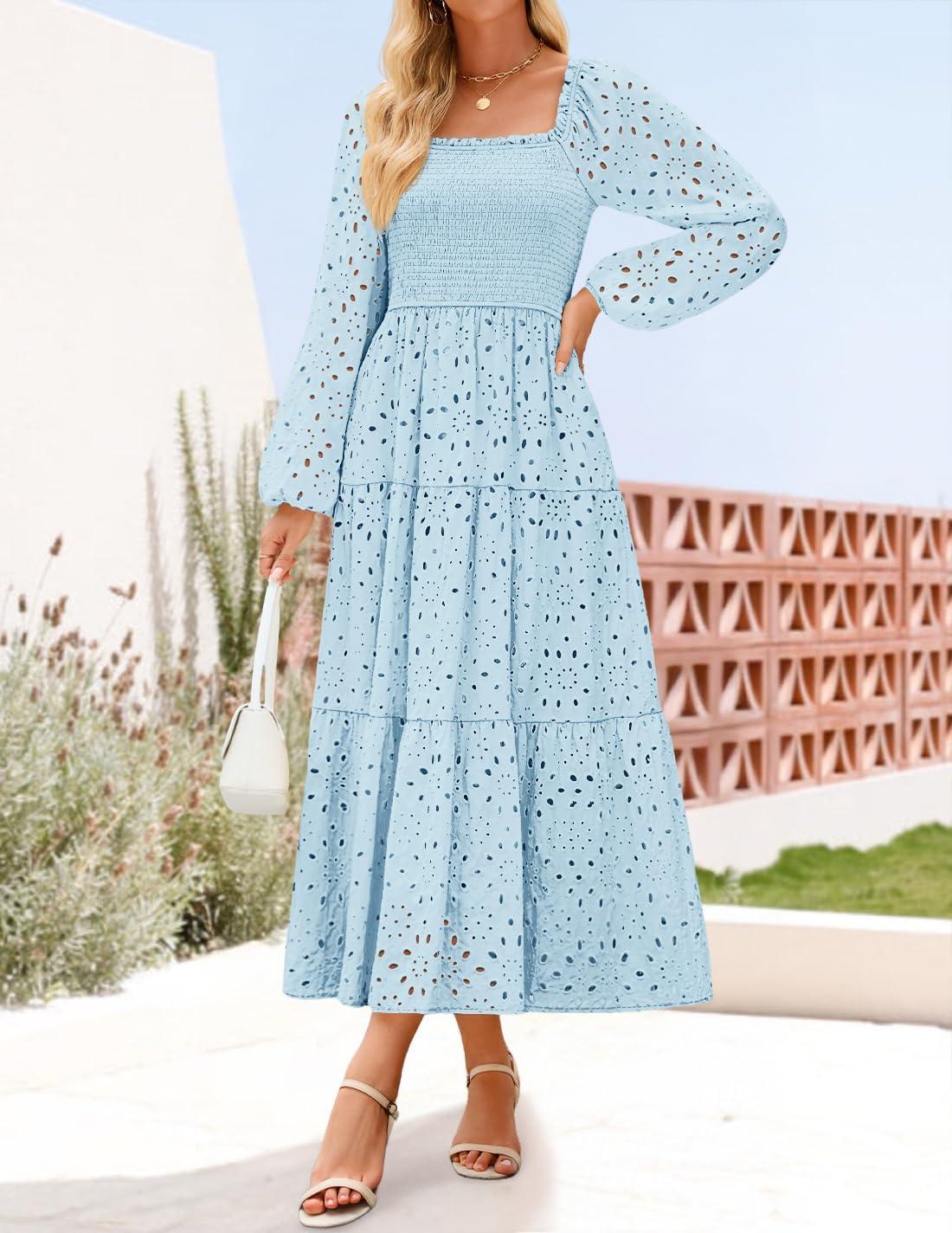 imageZESICA Womens Fall Long Sleeve Maxi Dresses 2026 Square Neck Hollow Out Eyelet Smocked A Line Cocktail Party DressLightblue