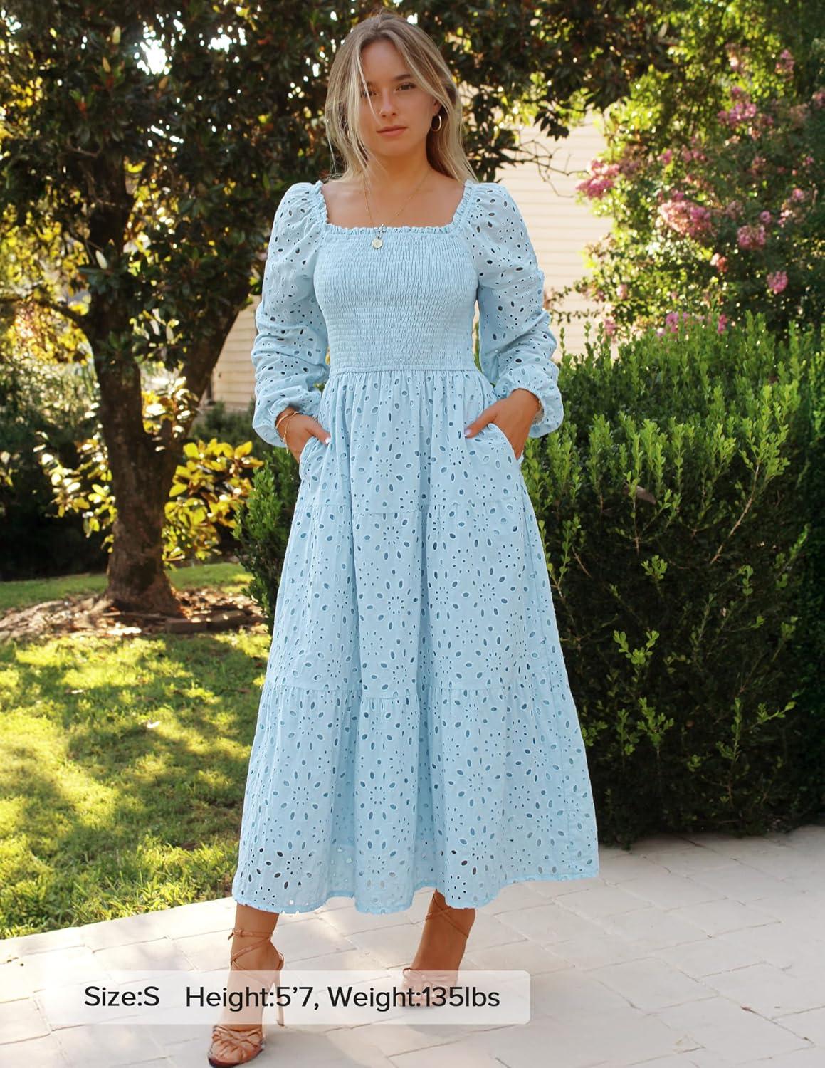 imageZESICA Womens Fall Long Sleeve Maxi Dresses 2026 Square Neck Hollow Out Eyelet Smocked A Line Cocktail Party DressLightblue